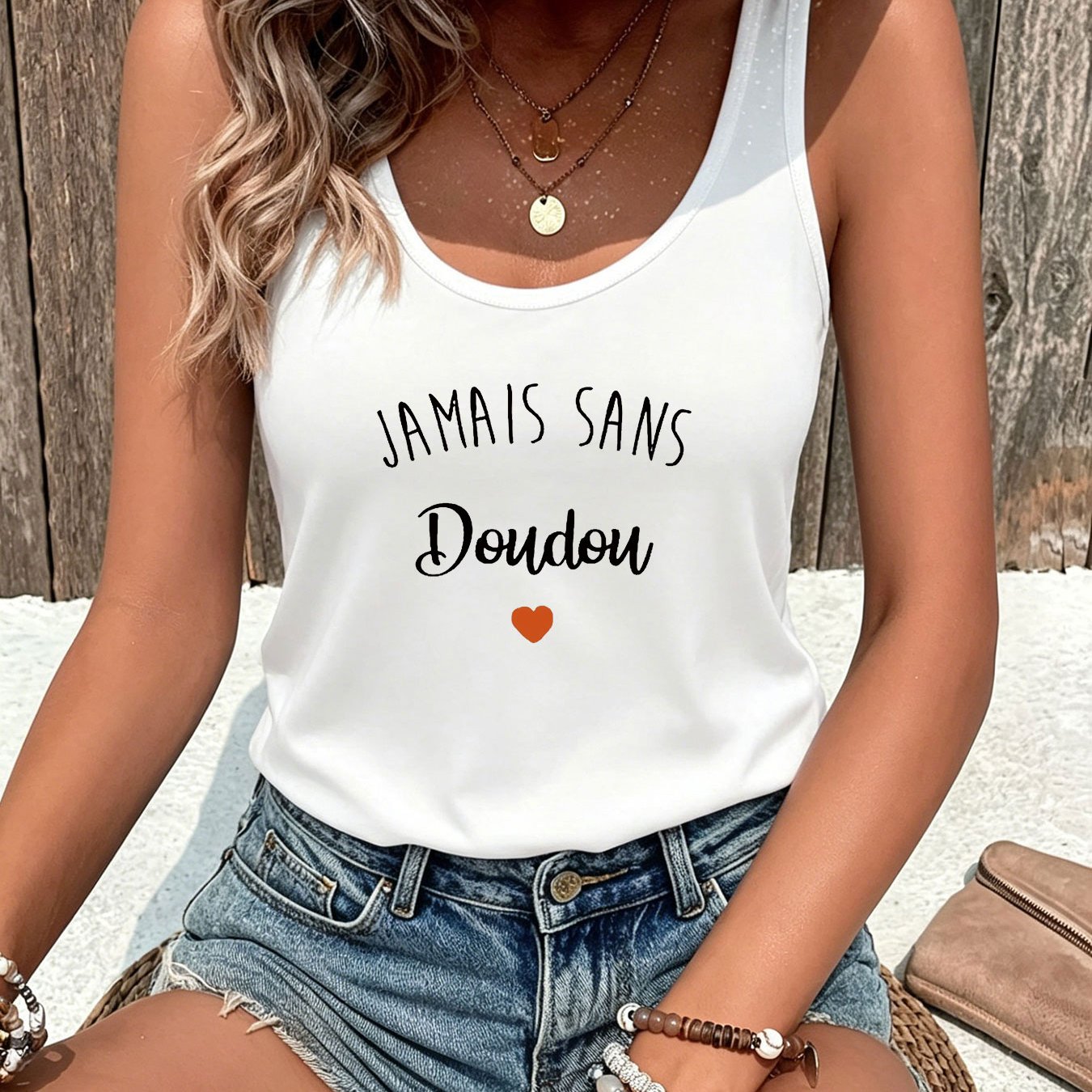 TEMU Débardeur imprimé " Doudou" en français, haut décontracté manches pour l'été et , vêtements pour femmes