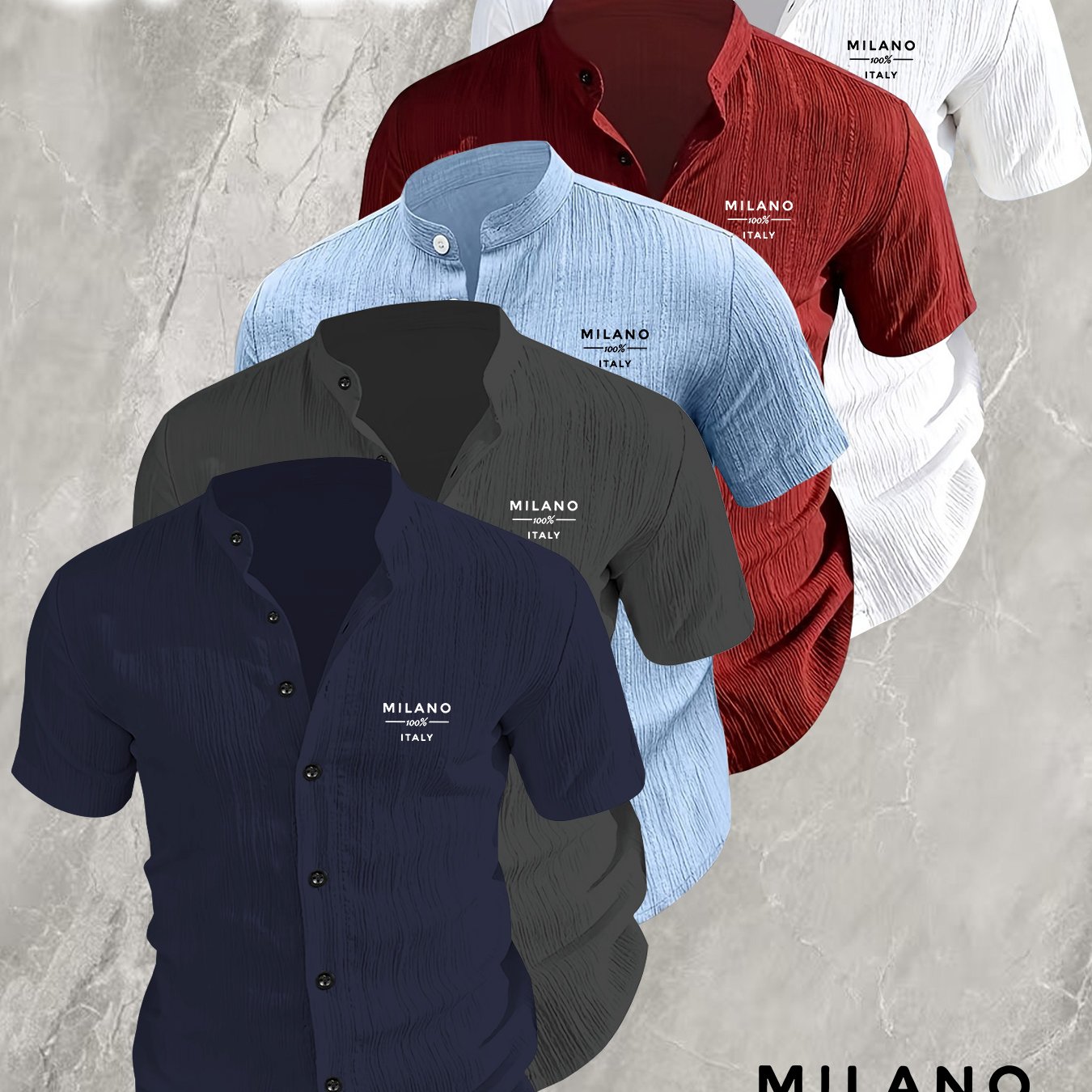 TEMU 5pcs Set Of Men's Summer And Autumn Fashionable Solid-color Short-sleeve Collar Shirts, Letter Print, Breathable And Comfortable Fabric,