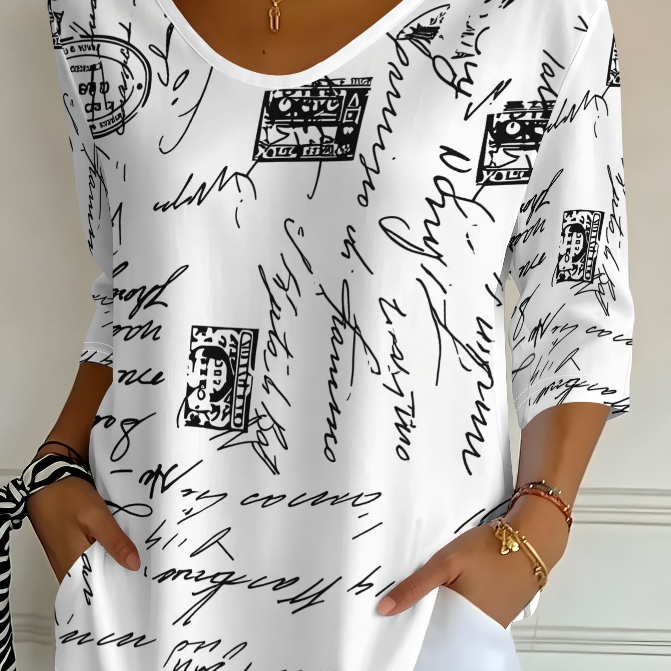 TEMU Women's Black And White Retro Handstamp Style Printed V-neck Three-quarter Sleeve T-shirt, Spring Autumn Casual Top