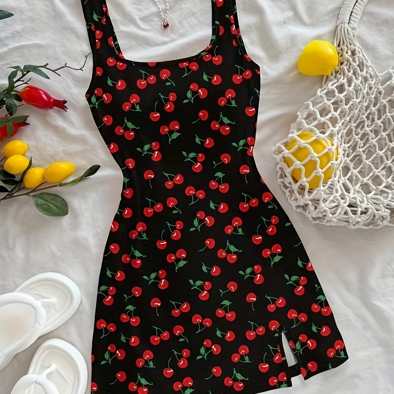 TEMU Women's Fashion Casual Party Prom Vacation Beach Cherry Print Bodycon Tank Dress