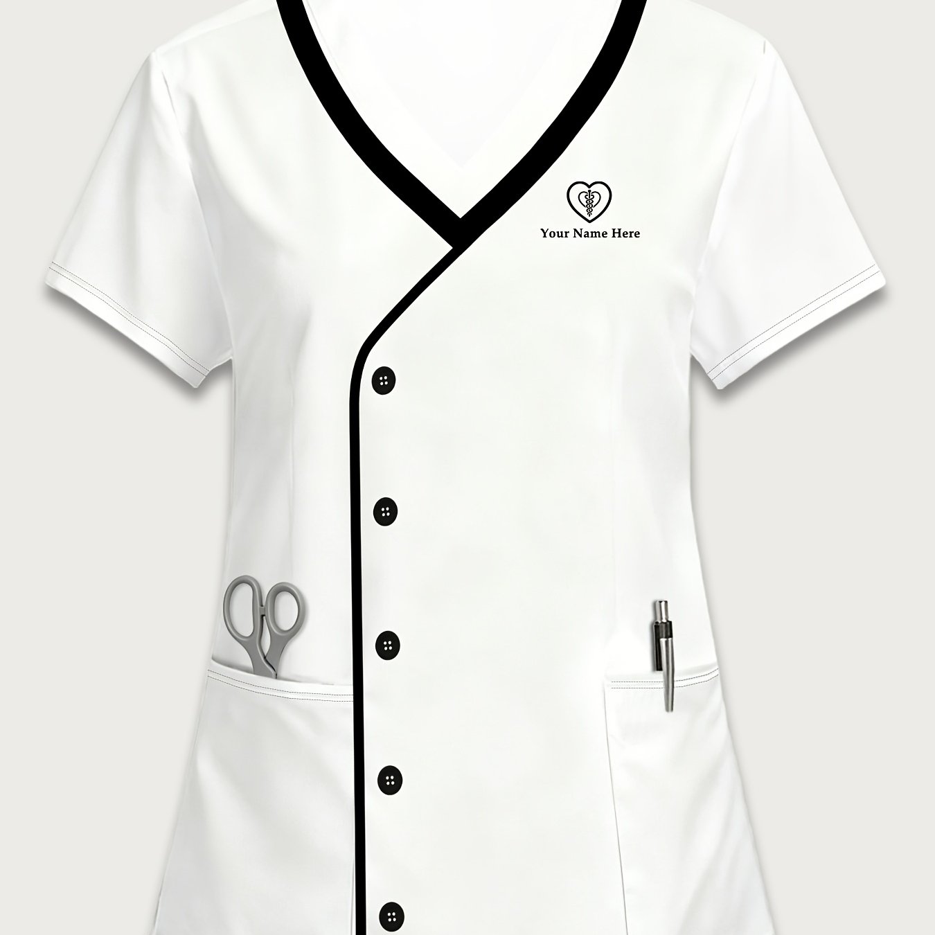 TEMU Haut personnalisé pour femme avec nom, 1 pièce, haut de travail pour femme, motif imprimé simple à de couleur, détail bouton, col en V, avec