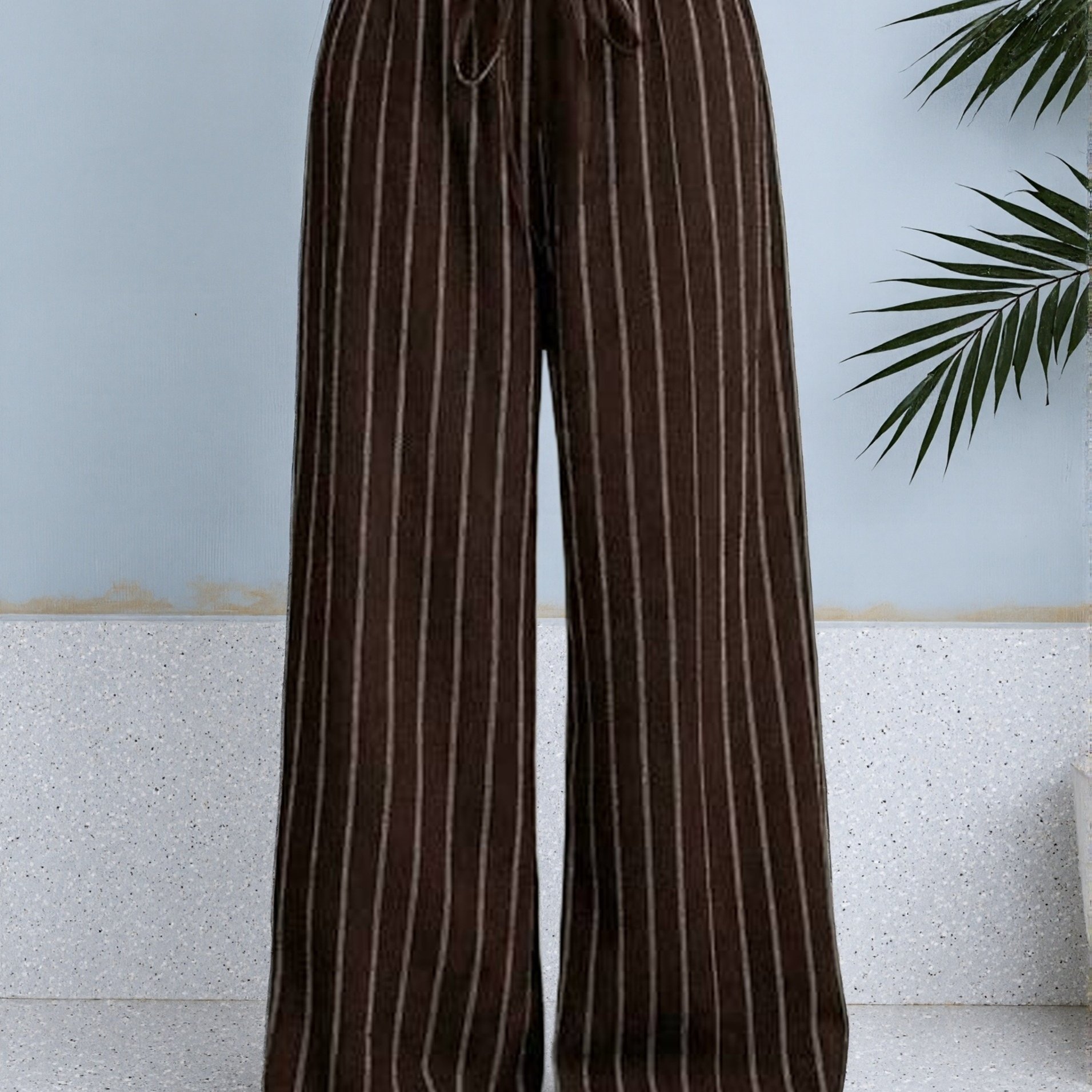 TEMU Women's Striped Pocketless Long Pants, Simple And Elegant Coffee-colored Striped Texture Design For Spring, Summer, And Autumn, Decorative
