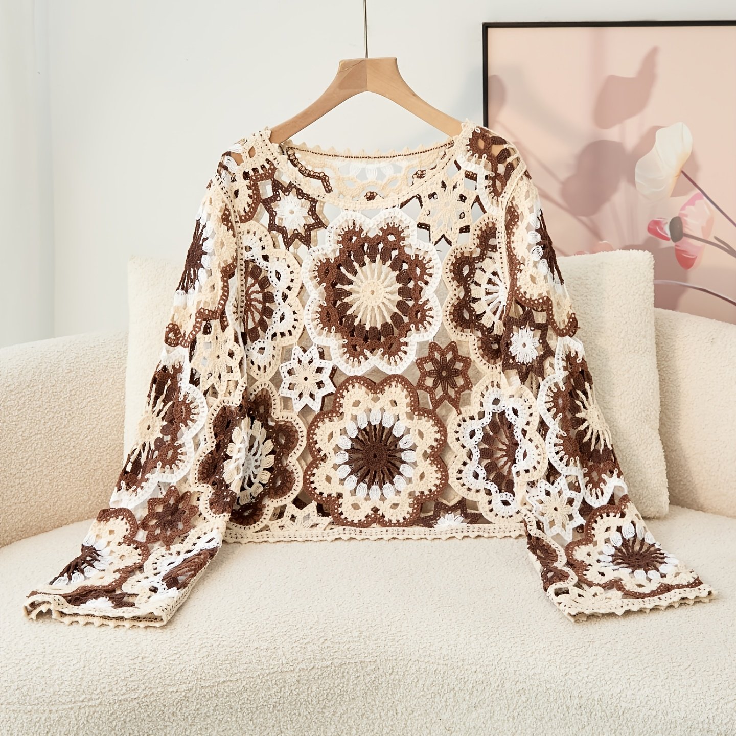 TEMU Ladies Bohemian Round Neck Hollowed-out Long Sleeve Casual And Comfortable Pullover