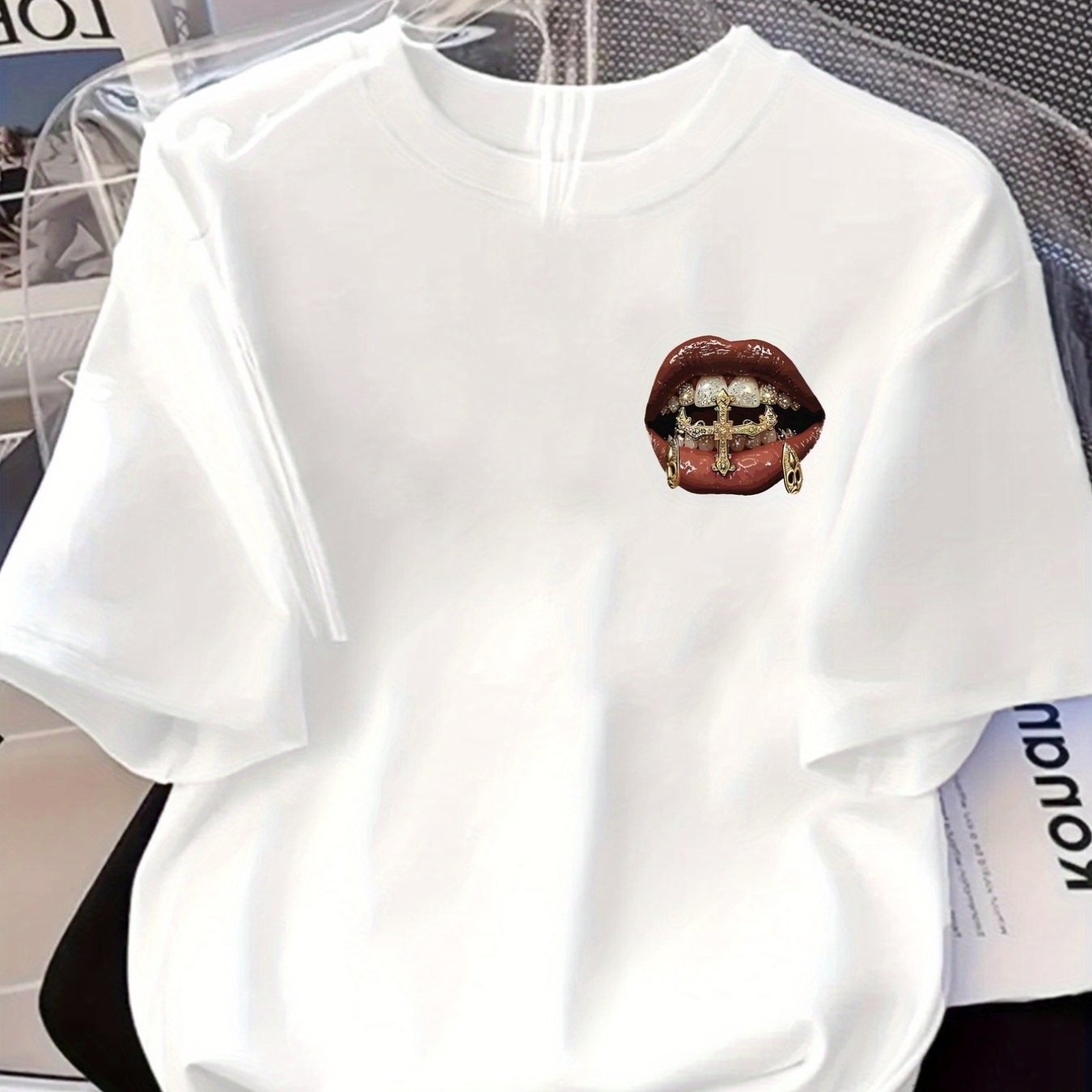 TEMU Hip-hop Style, Golden Teeth Double-sided Printed Pattern Men's Fashion -shirt, Suitable For Home Daily Casual Sports, Style Top, Must-have Front