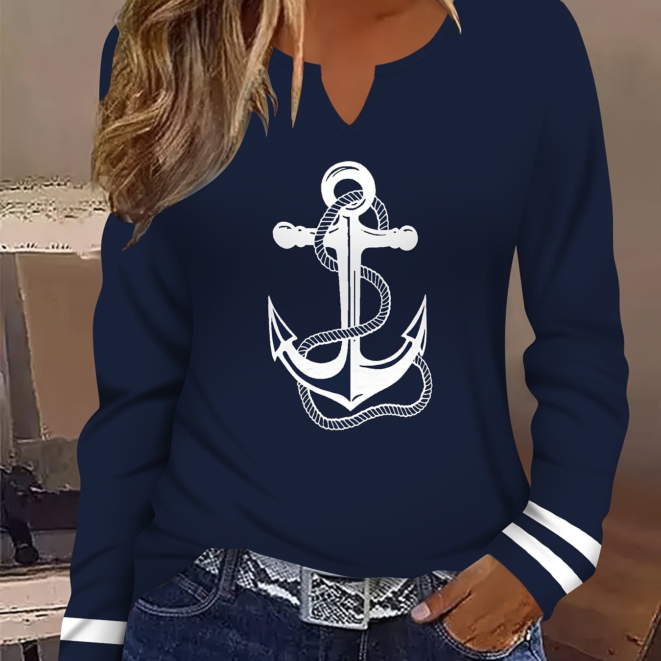 E-shop 2D Casual Mode Einfach Elegant Urlaub Abstrakte Malerei Wahrzeichen Anker Seil Streifen Grafik Ganzkörperdruck Atmungsaktives Bedrucktes