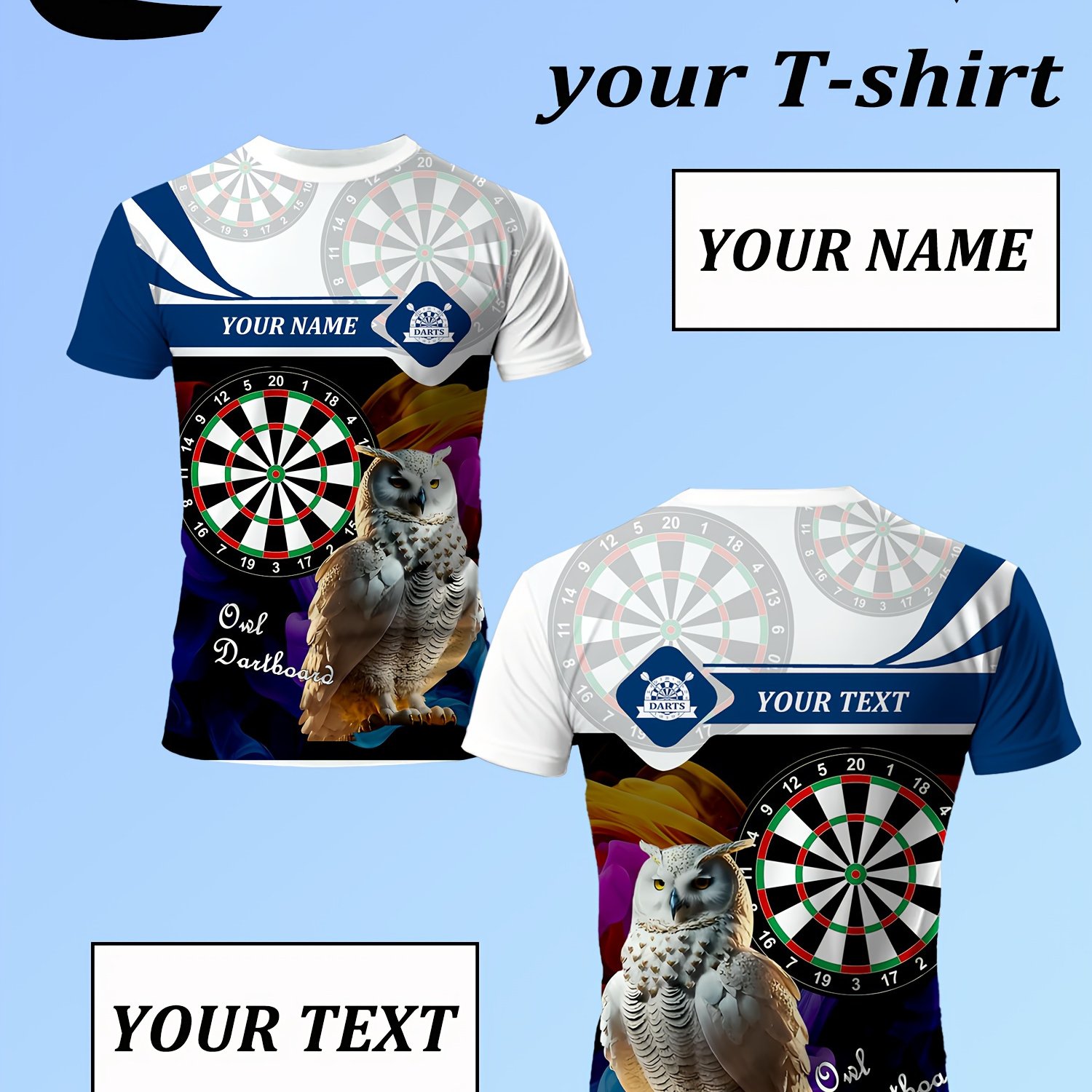 TEMU Custom Owl Darts Themed T-shirt, Personalized Name And Text, Plus Size, Round Neck Design, Suitable For Work Or Casual Daily Wear, Essential For