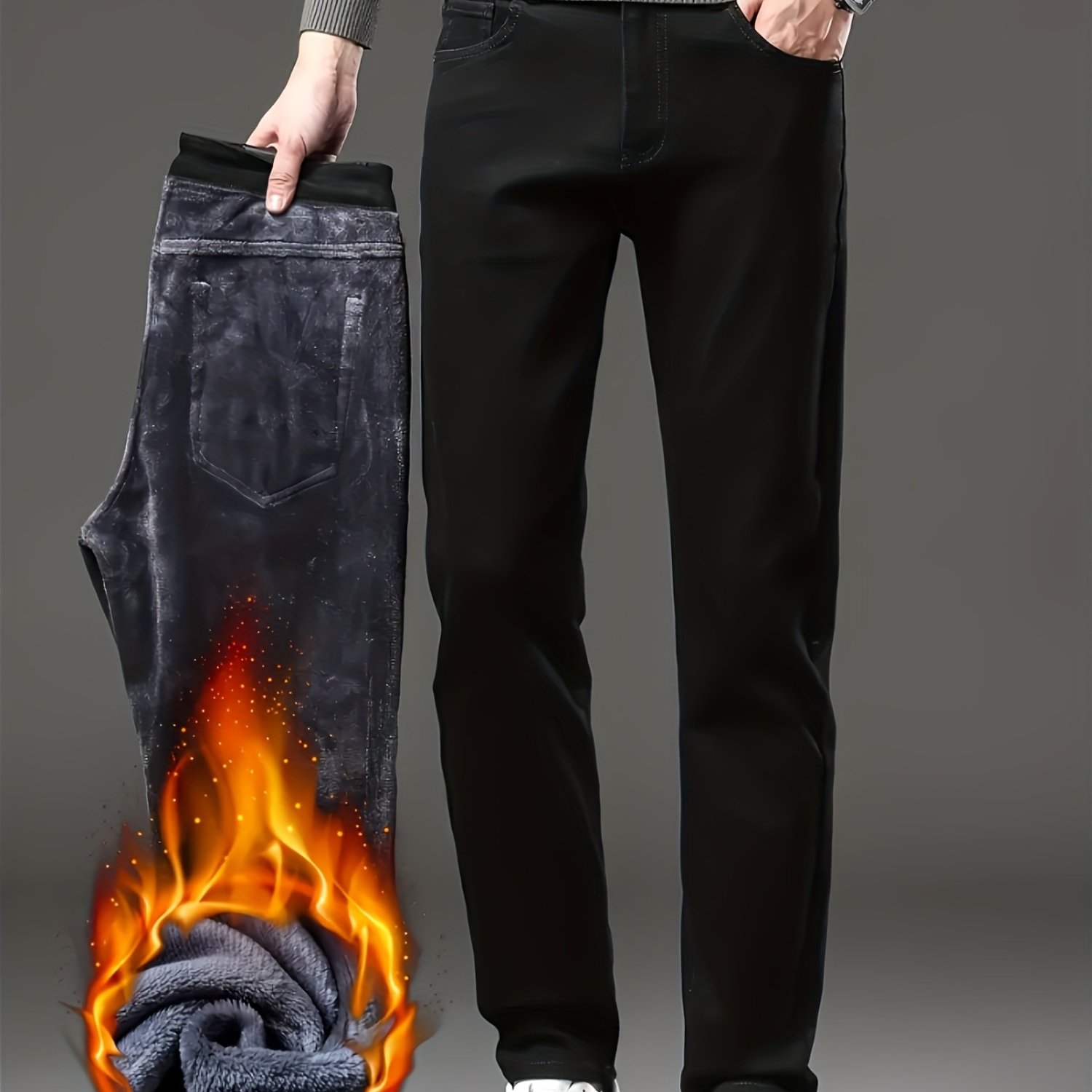 Image of High-quality Fleece-lined Jeans, Straight Fit, Thick And Soft Plush Lining, Warm And Elastic Casual Winter Denim Trousers, Jeans