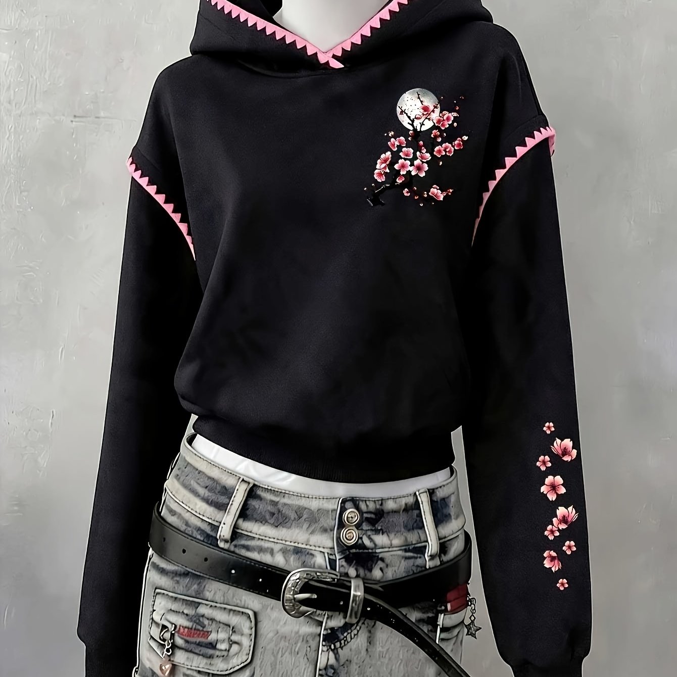 TEMU 2026 Autumn Winter Fleece Black Hooded Sweatshirt Women's Fashion Casual Sweatshirt Pink Embroidered New Chinese Plum Moon Print Sweet Cool Cute