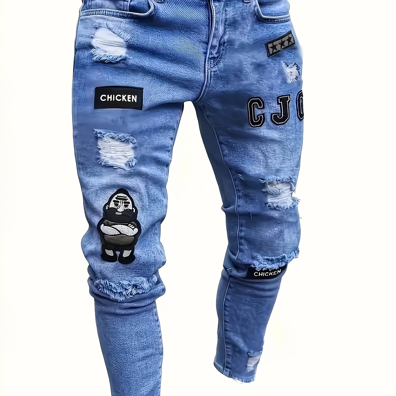 Image of European And American Badge Men's Jeans Trendy Knee Ripped Skinny Pants Ripped Denim Long Pants