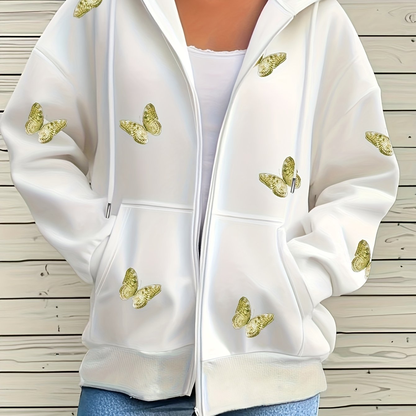 TEMU Plus Size - Plus Size - Women's Plus Size Print Long Sleeve Hooded Jacket | Casual Zip-up With Pockets And Regular Fit