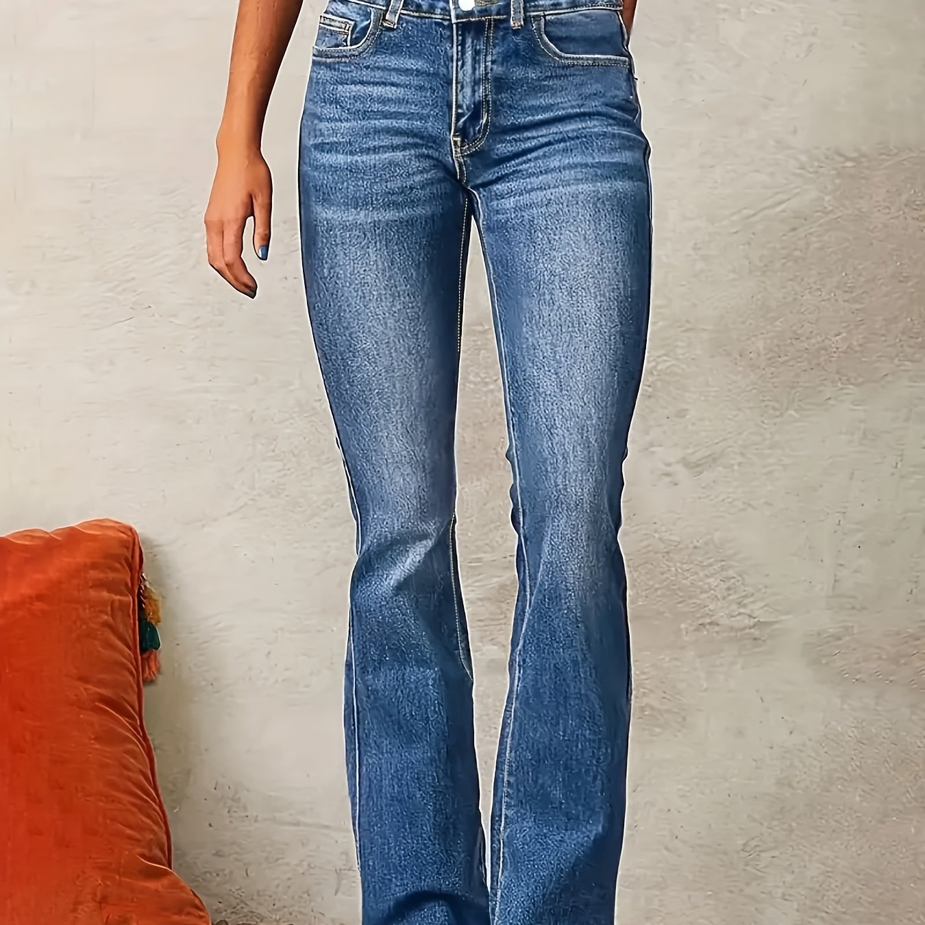 Image of Women's Stretch Double- Pants, Fashionable And Versatile High-waist Flared Trousers Denim Jeans