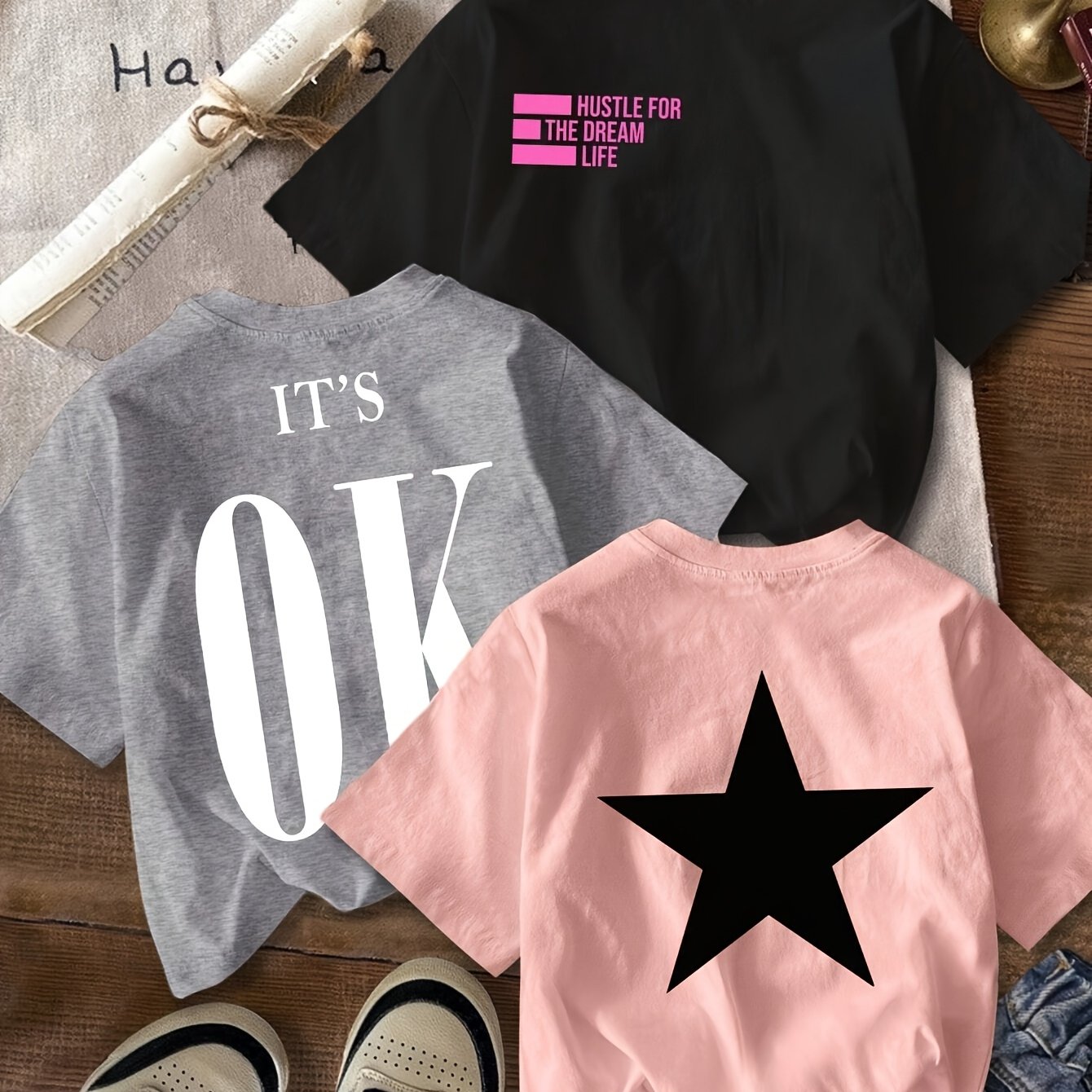 E-shop 3er Set Casual Minimalistisches & Englische Buchstaben Print Rundhals Kurzarm Crop T-Shirt, für den Sommer