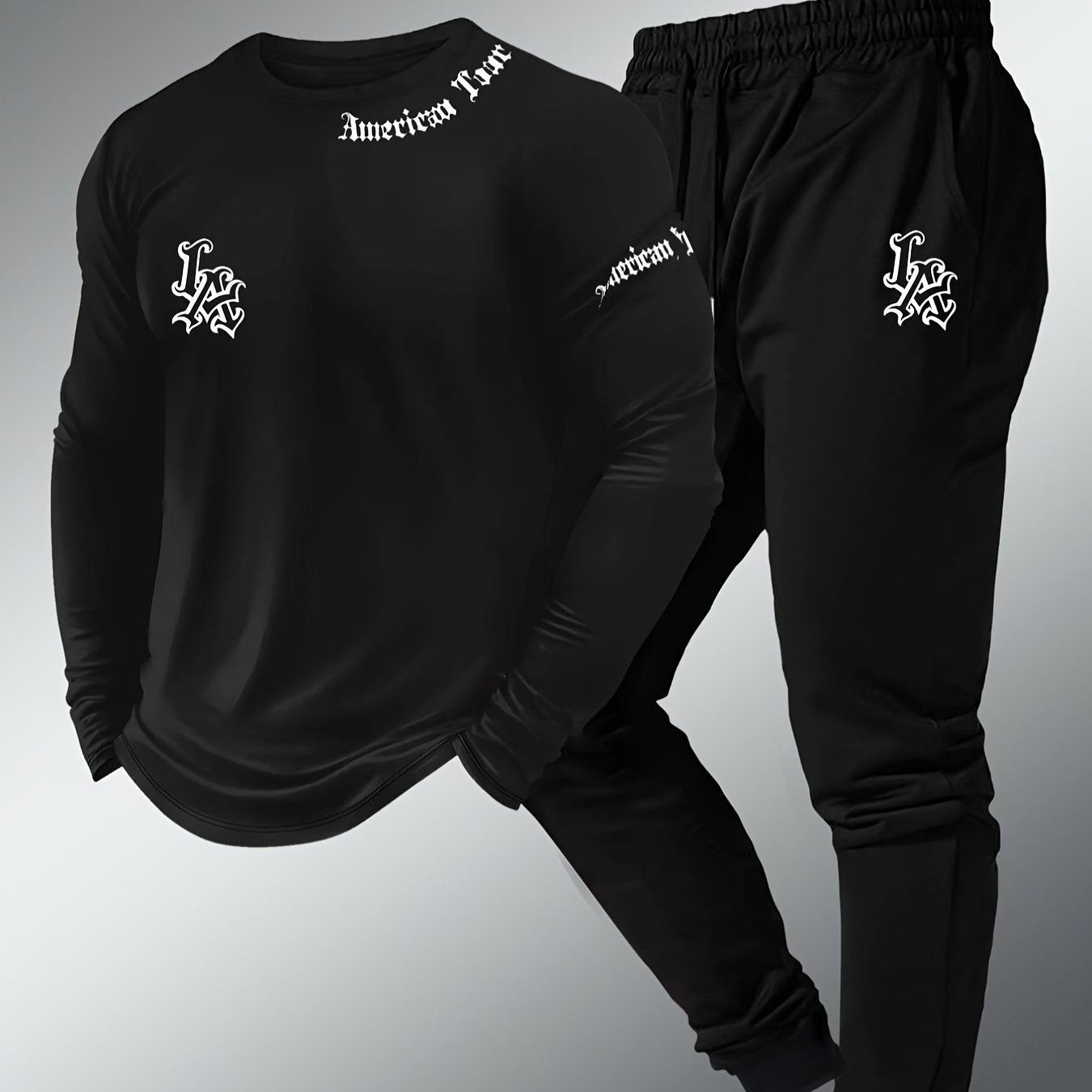 TEMU Men's Long Sleeve T-shirt And Long Pants Set, Letter Print Round Neck Long Sleeve T-shirt And Drawstring Waist Athletic Pants 2pcs Set, Casual