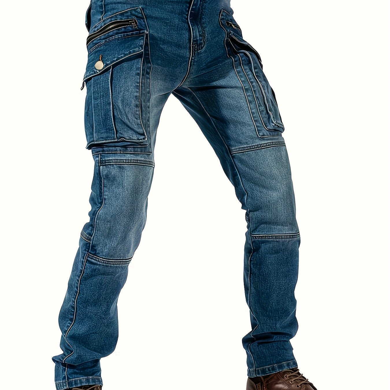 Men's Wear-resistant Zipper Style Cargo Pants, Retro Washed Stretch Denim Jeans