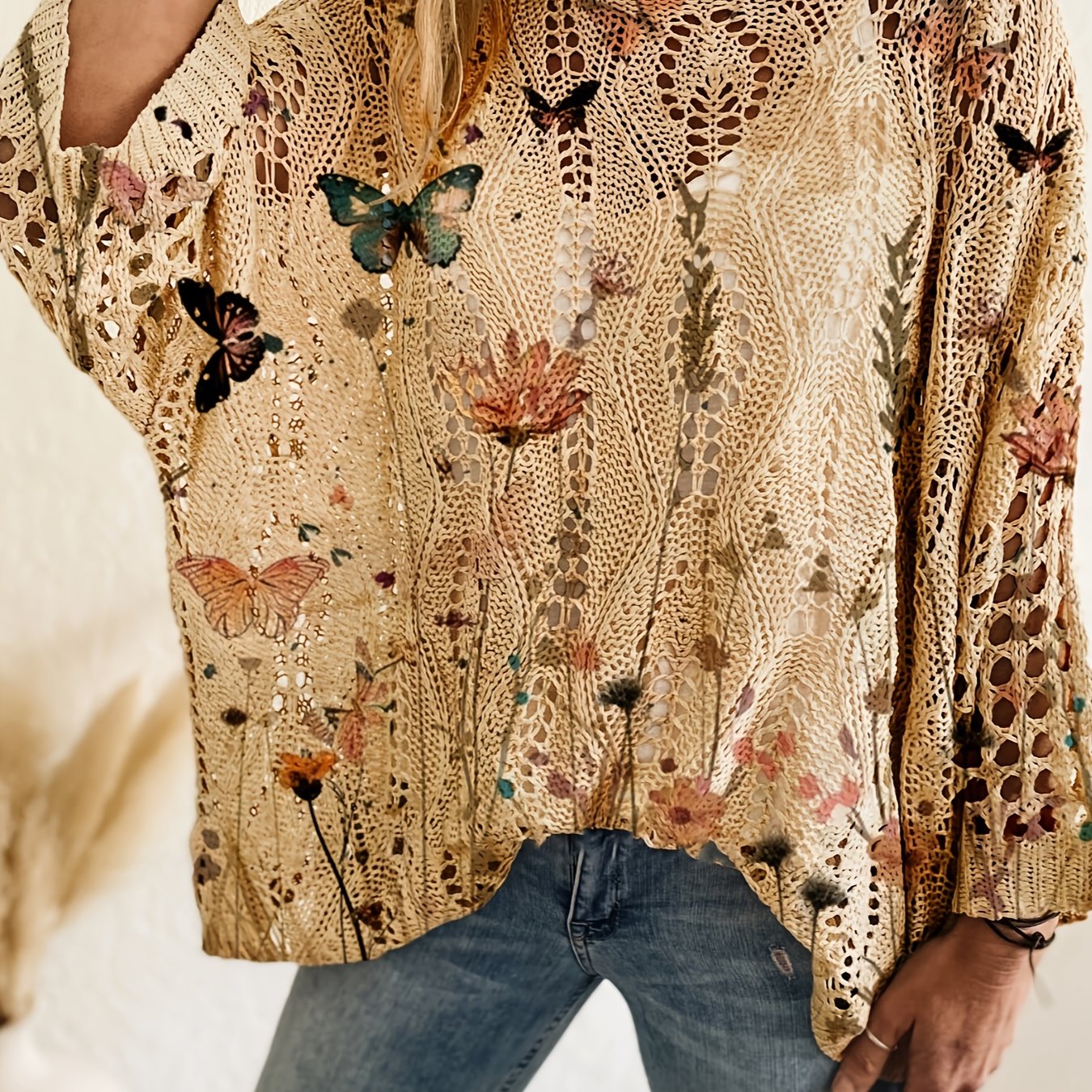 Image of Spring/summer Base Layer, One-shoulder Diamond Cut-out Batwing Drop Shoulder Loose Fit, Floral Print Long Sleeve Women's Top, , Casual Elegant Commuter, Women's Vest Cover-up, Bikini Cover-up