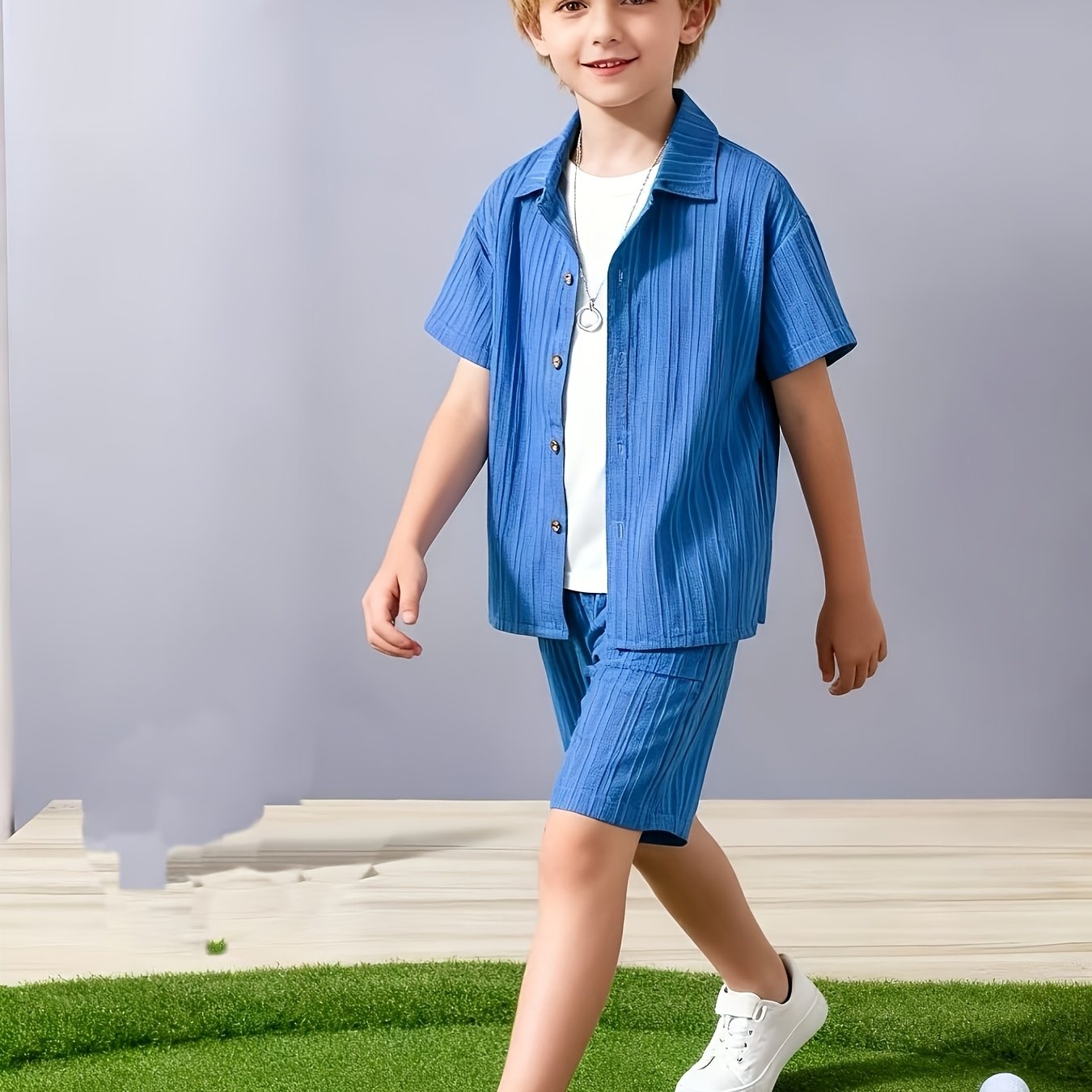 Image of Boys' Summer Outfit Set 2024 New Mid-big Kids Summer Casual Short Sleeve Shirt Set, For Outdoor