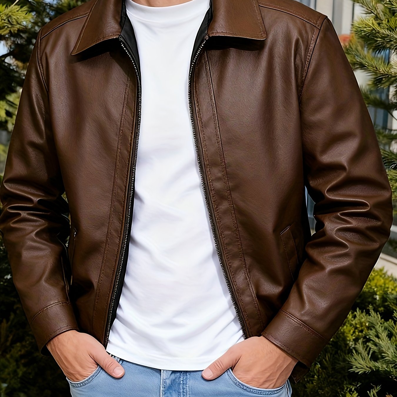 TEMU Men' Faux Leather Jacket - Classic Collar, Full Zip Design, , Soft And Durable Faux Leather For Everyday Outdoor Wear, Fashionable Biker Jacket