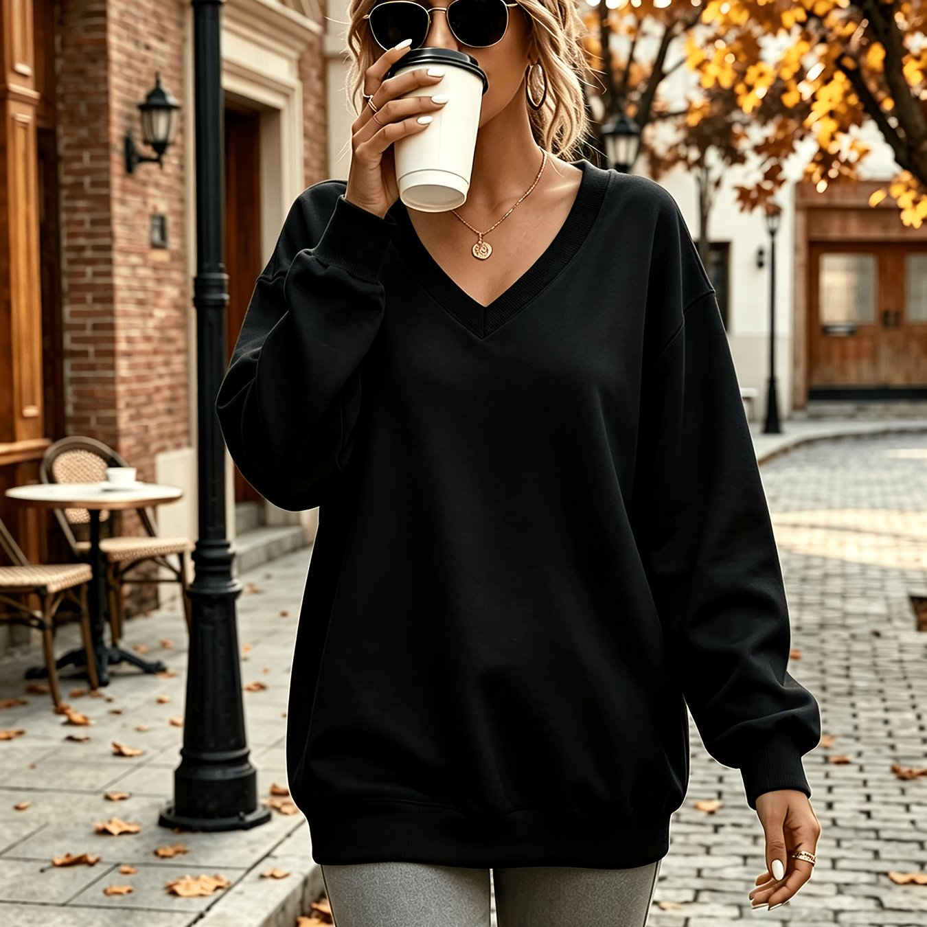 TEMU Plus Size - Damen Herbst Neues V-Ausschnitt Sweatshirt, Modisches Vielseitiges Basic Einfarbiges Oberteil, Lässiges Locker Geschnittenes Plus