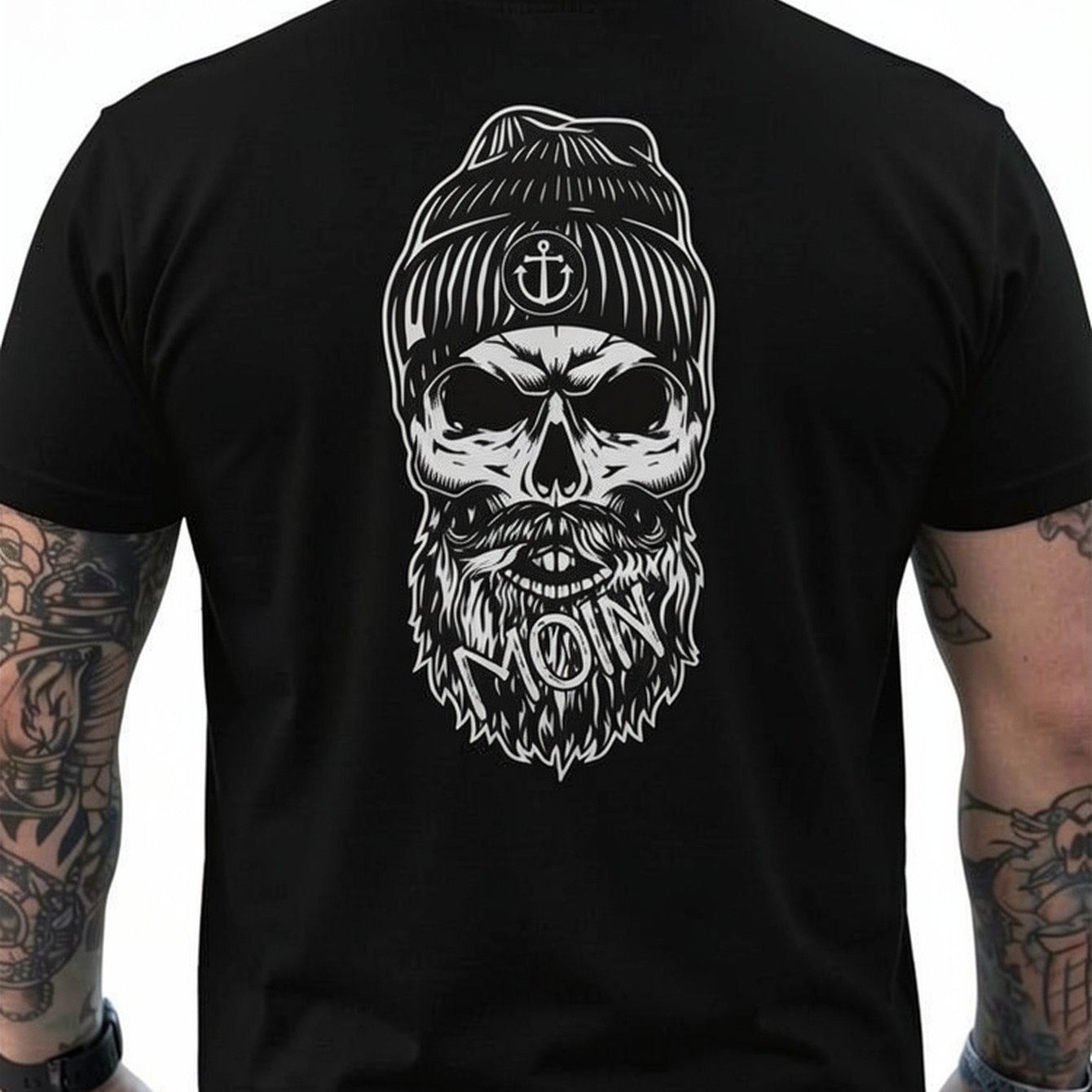 Moin Skull With Beard And Anchor Hat Skull T-shirt Men's Back Print - Fit, , Machine Washable, Relaxed Fit For Casual Attire