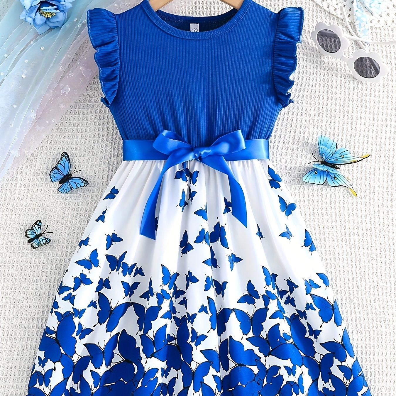 Image of Girl's Romantic Round Neck Ruffle Sleeve Print Dress With Belt, A As A Gift, For Daily Wear/festive Occasions, Outdoor/party Attire