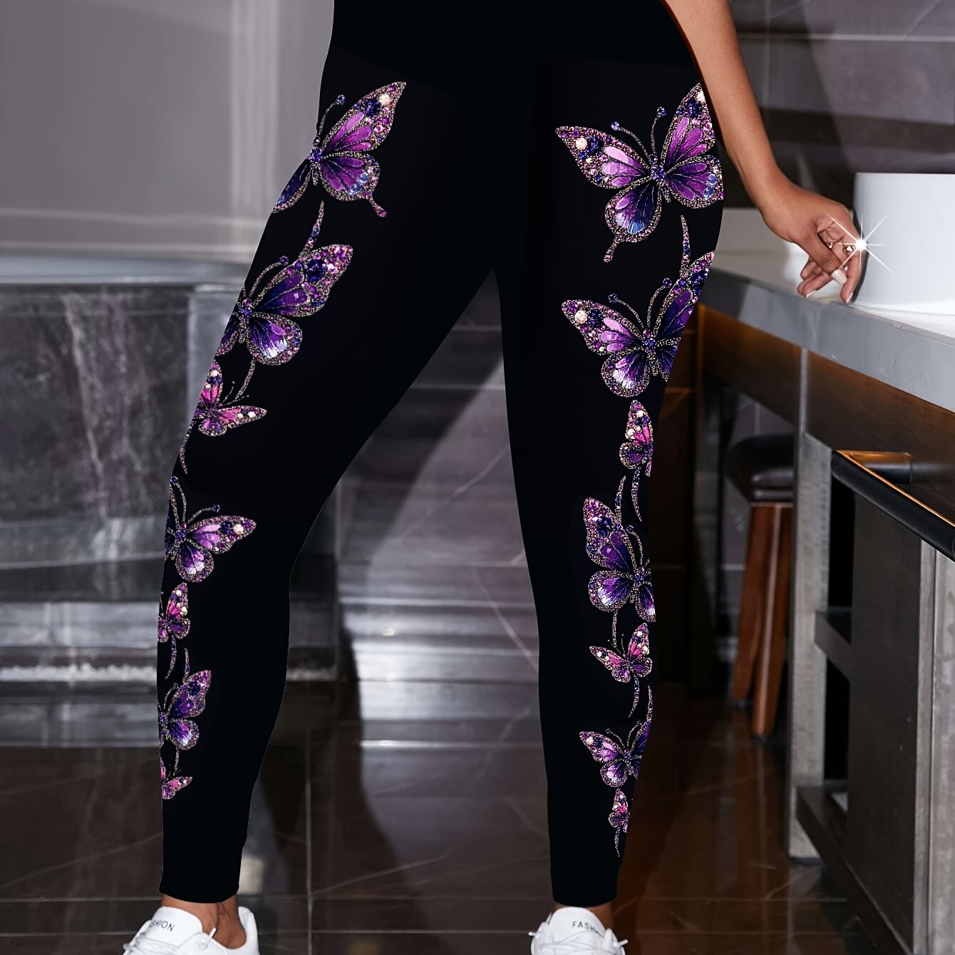 TEMU Women's Print Leggings, Polyester And Spandex Blend, , Floral Pattern, Knit Fabric, Fit For Spring/summer/fall