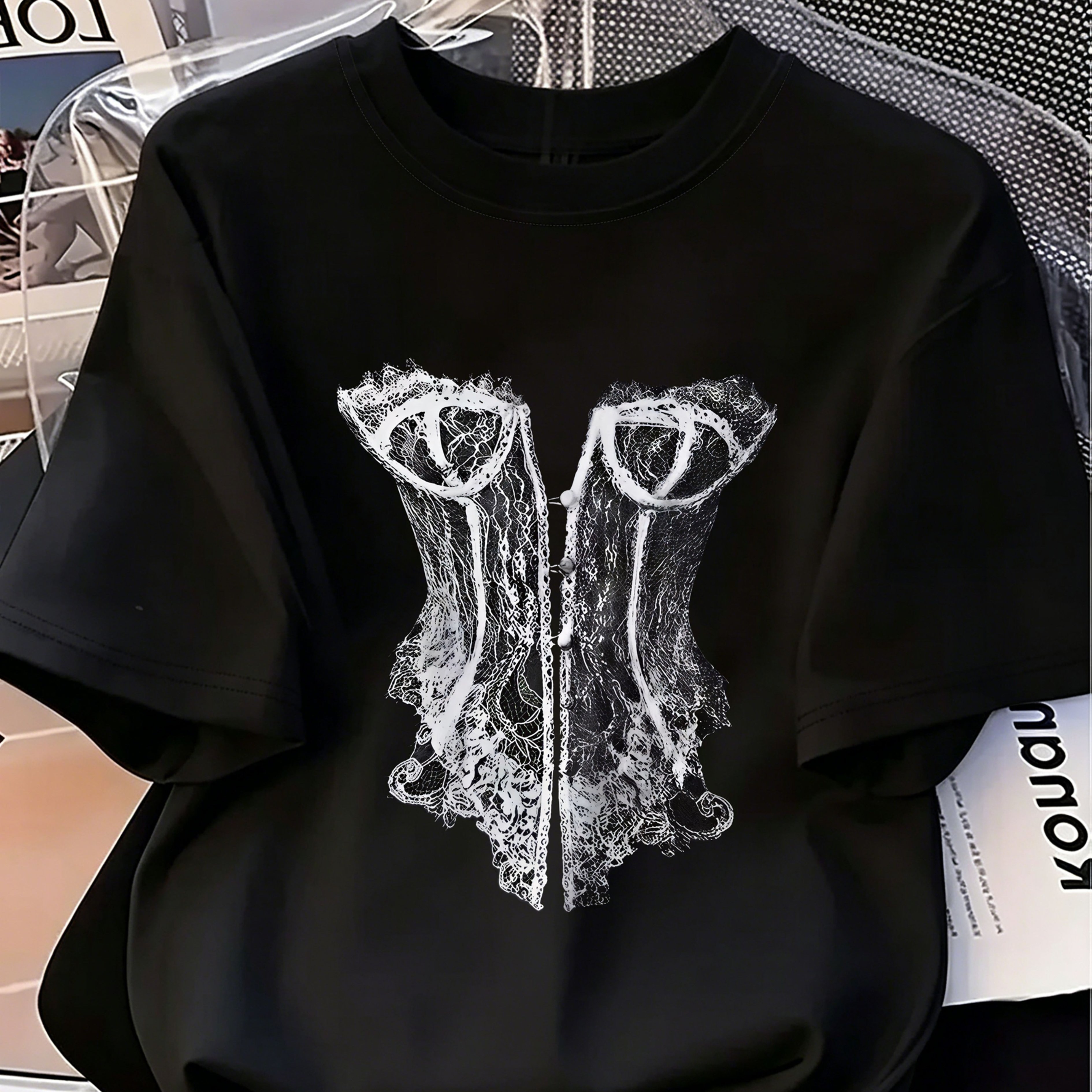 TEMU Women's T-shirts That Worn For Fashionable Commuting And Everyday Wear, Round Neck Tops, Versatile Temperament Models, Lace Waist-cinching