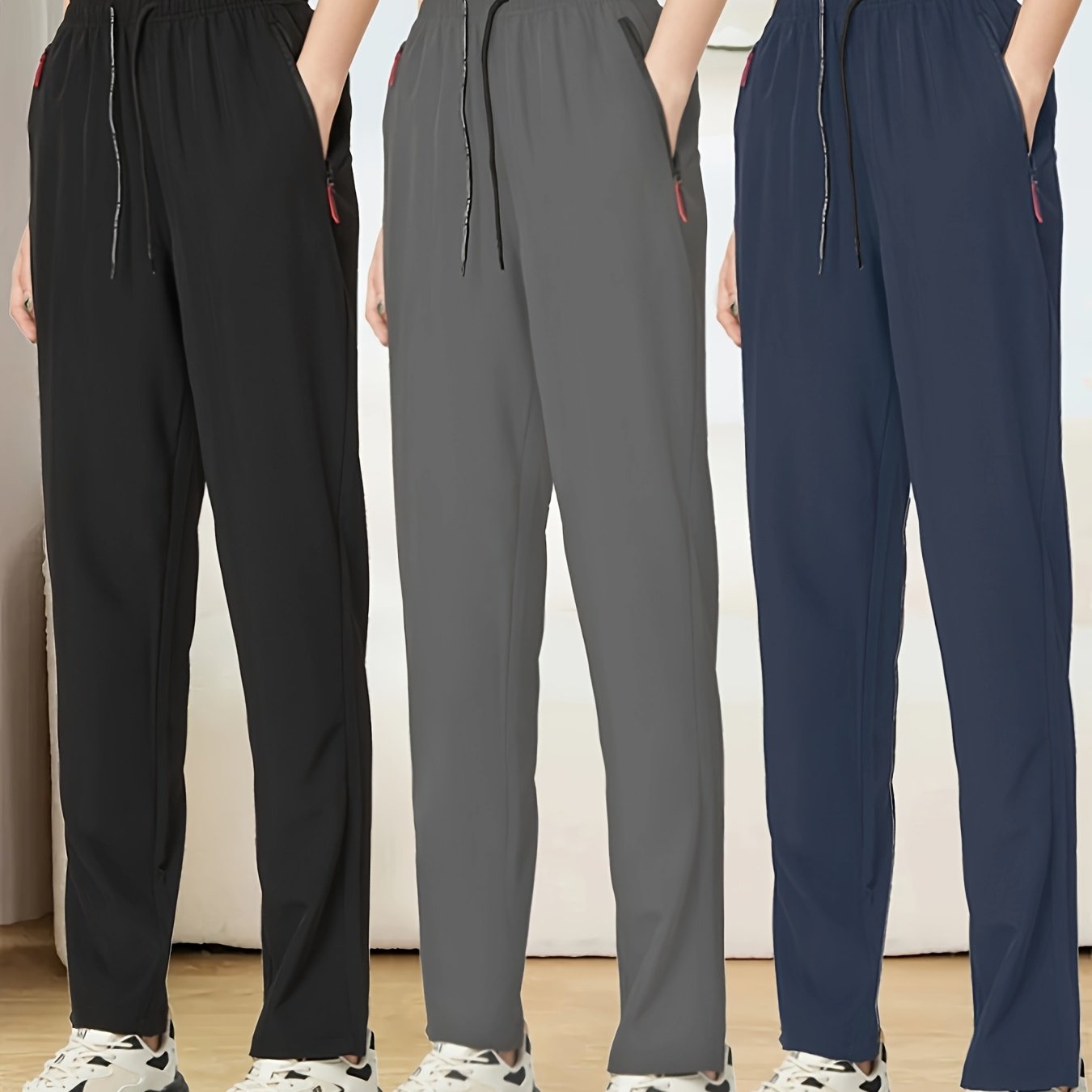 3pcs Women's Casual Jogging Pants Set - Fashionable And Comfortable Trousers With Zipper Details, Dark Gray, Black, And Navy Blue, Perfect For Outdoor And Summer Wear