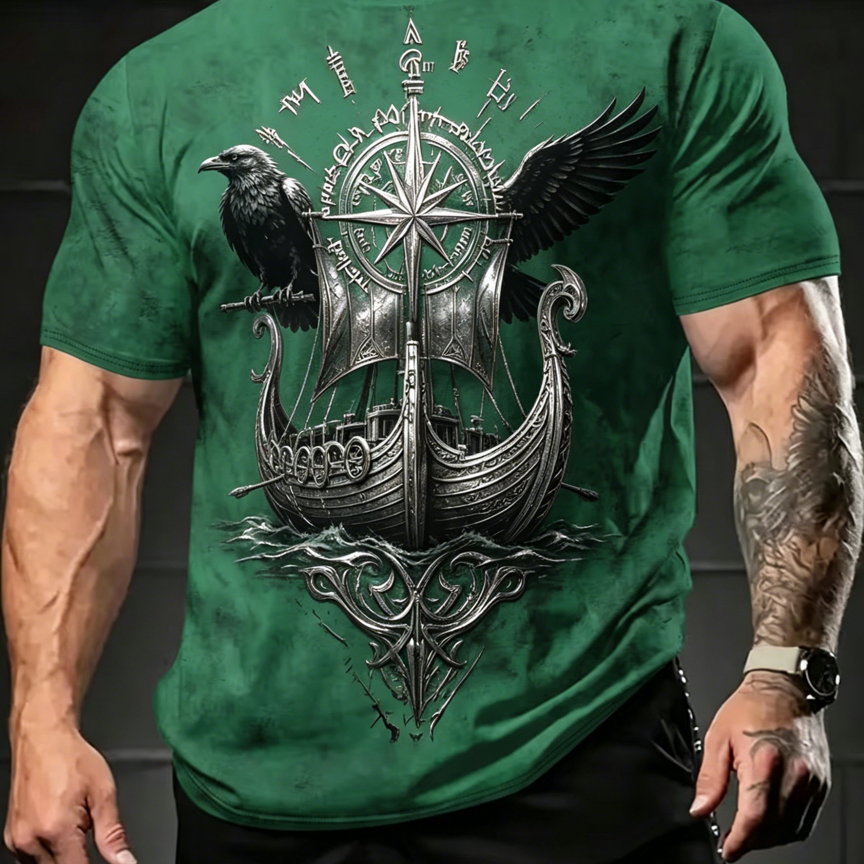 TEMU [print Design-not Textured] Compass Print Plus Size Men's Short Sleeve T-shirt, Plus Size Loose Fit Round Neck Casual Summer