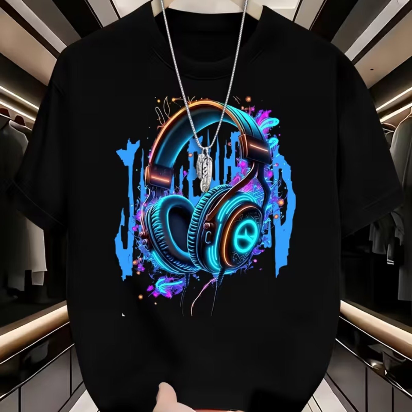 TEMU Camiseta juvenil, top de cuello con estampado geométrico de auriculares, tejido de punto elástico , corte regular para adolescentes