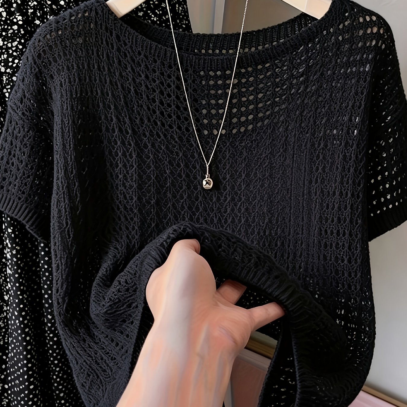 TEMU Women's Hollow Out Short Sleeve Blouse Sweater - Semi-sheer Crochet Round Neck Lightweight Summer Top, Breathable Loose Pullover Blouse Suitable