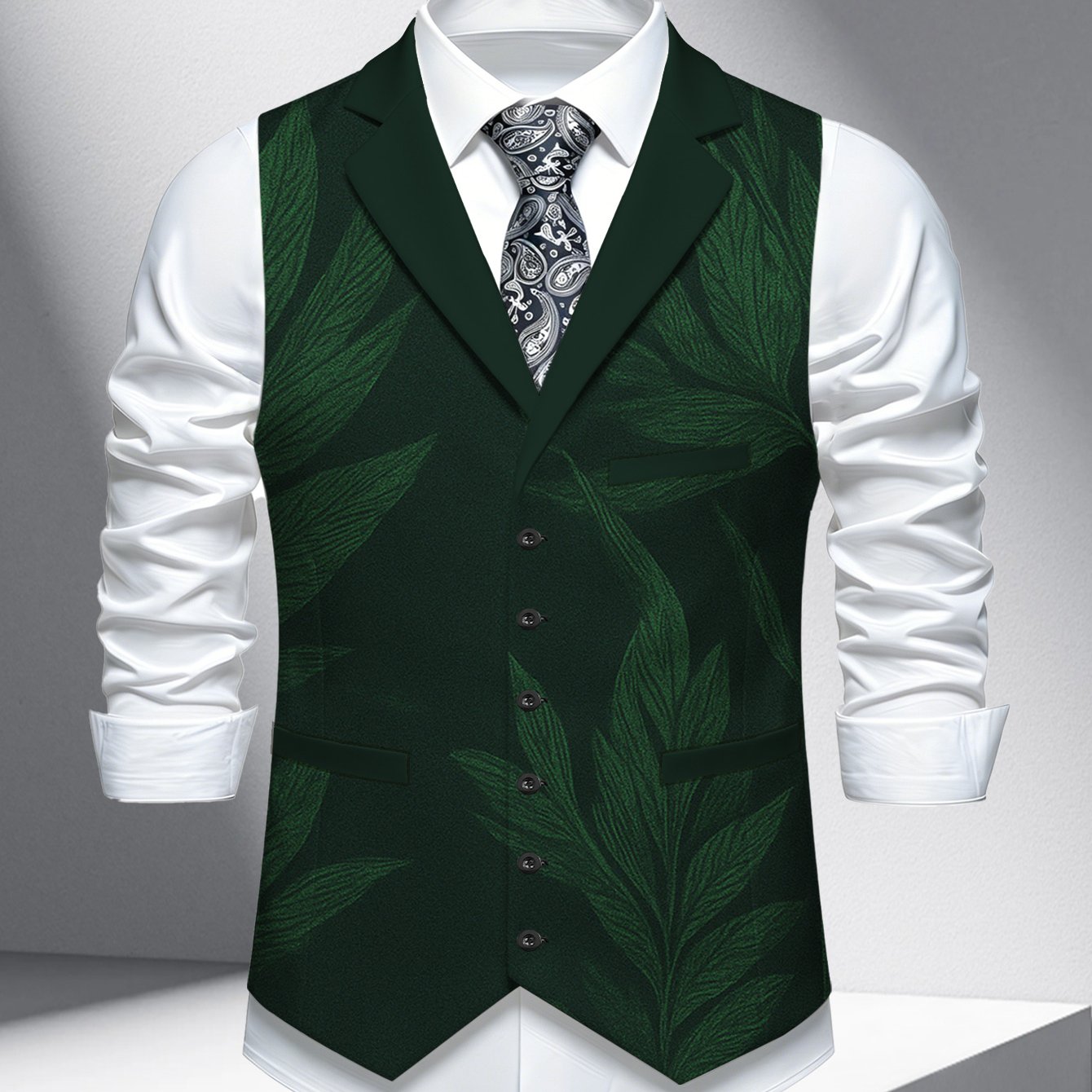 TEMU Plus Size Men's Lapel Vest Single Piece, Fashionable Casual Wedding Party Men's Waistcoat Top, Men's Lapel Vest With Green Leaf Pattern On Dark