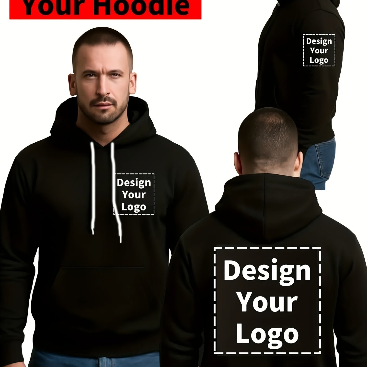 TEMU Customizable Men's Hooded Sweatshirt - Design Areas On Left Chest And Back, Thick And Soft Custom Hoodie, Suitable For Gym, Team Uniforms,