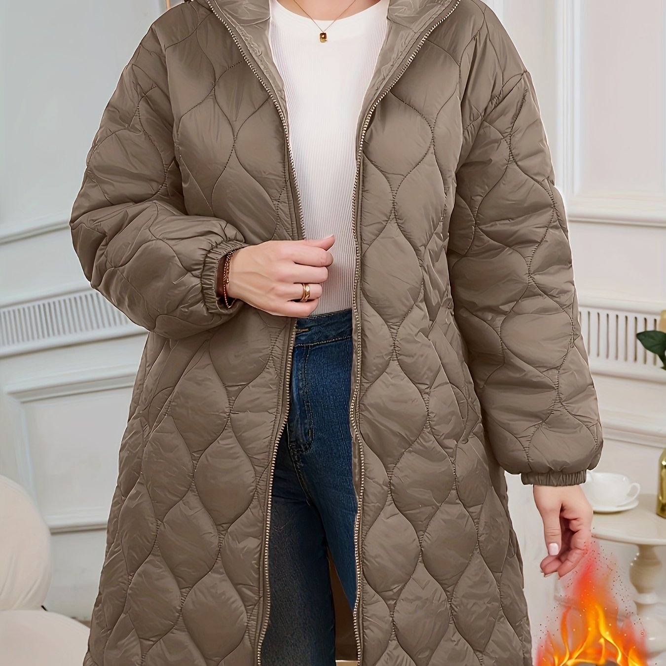 E-shop Elegante, gesteppte, gepolsterte Kapuzenjacke in Übergröße mit Kürbisblumen-Reißverschluss, warmer, locker geschnittener Wintermantel für Damen