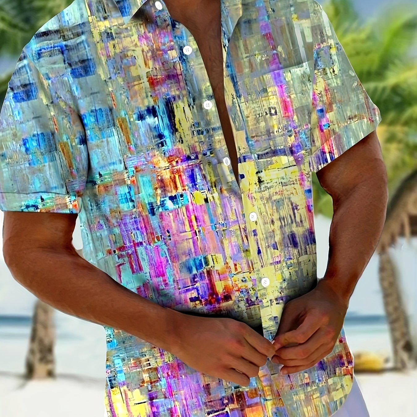 TEMU Gradient Art Creative Oil Painting Print Men's Button- Short-sleeve Shirt