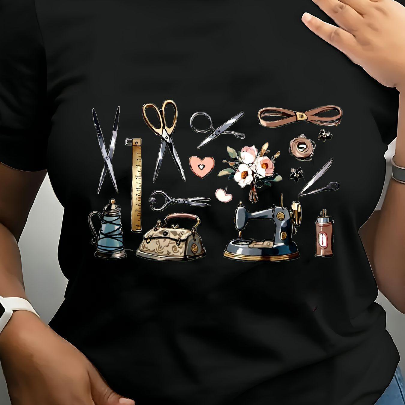 TEMU Women's With Sewing & Crafting Design - Short Sleeve, Round Neck, Casual Polyester Top With Scissors, Measuring Tape, Sewing Machine, And Floral