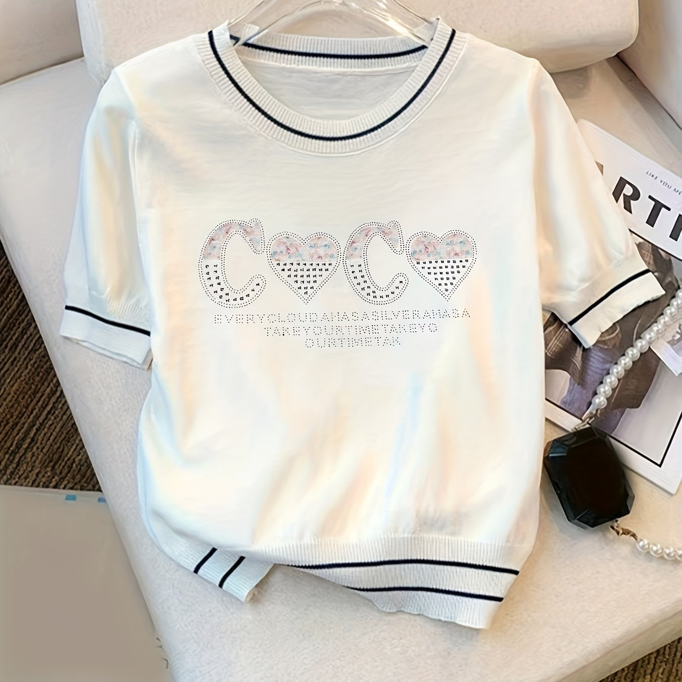 New Versatile Contrast Color Round Neck Top Short Sleeve Casual Loose Fit Cropped