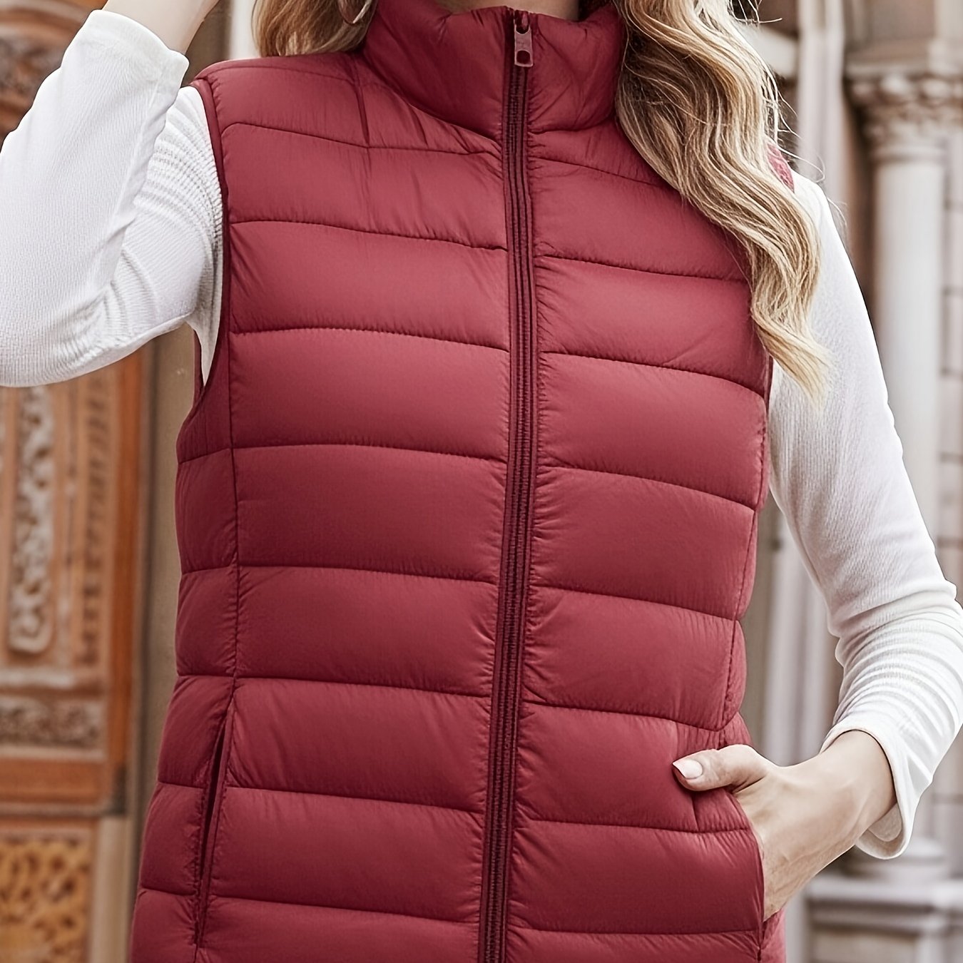 TEMU Women's Fashionable Casual Solid Color Stand Collar Vest With Vertical Striped Jacquard Zipper, Sleeveless Waistcoat With Side Pockets, Slim Fit