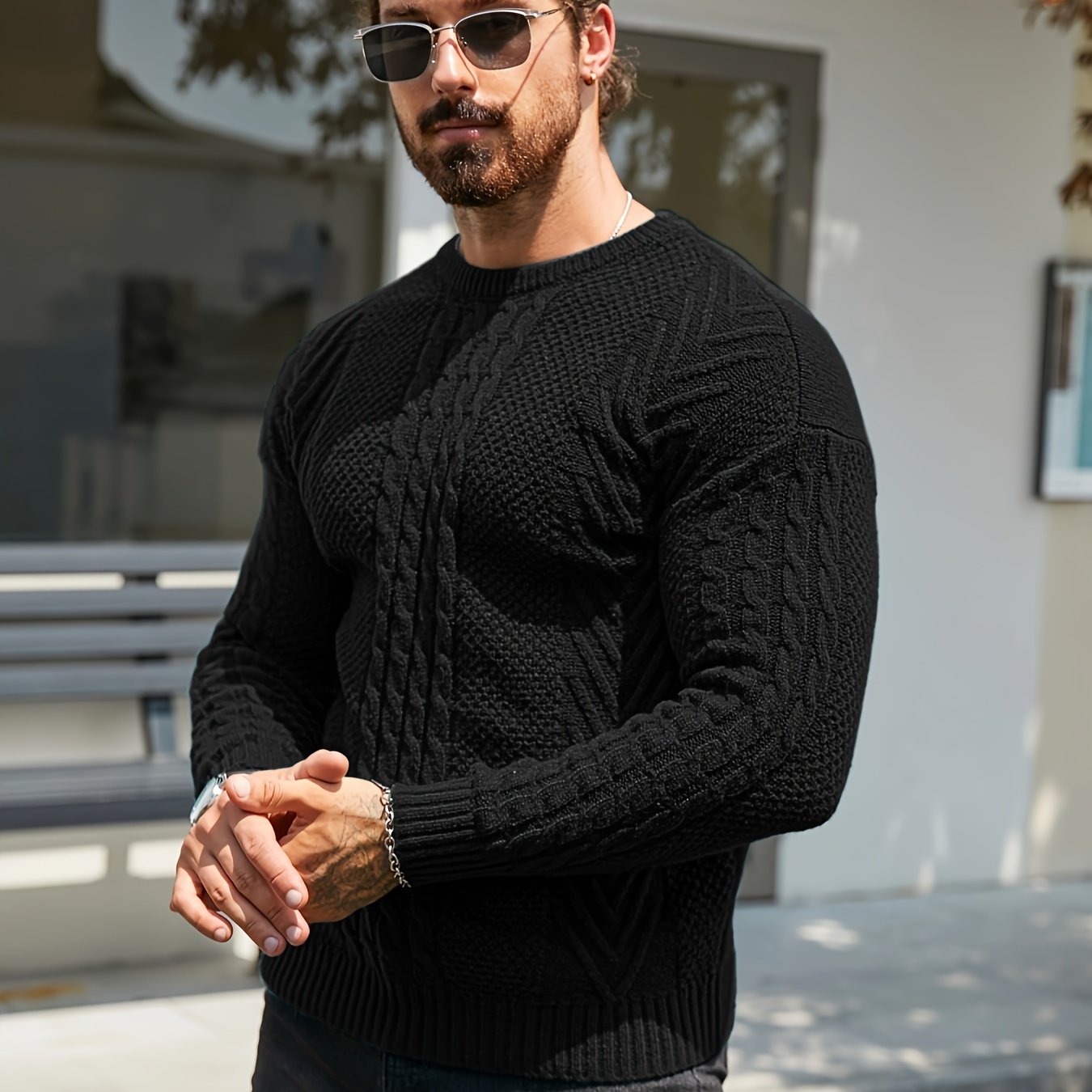 TEMU Pull d'hiver chaud pour homme YFOF - Pull en à col ras du cou et à côtes mi-extensibles - Coupe ajustée, convient pour /hiver, pull décontracté
