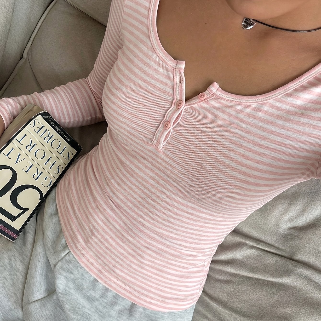 TEMU Pink And White Fine Striped Henley Collar Long Sleeve T-shirt, Women's T-shirt, Autumn Slim Fit Flattering Button-up Base Layer Top Kydx