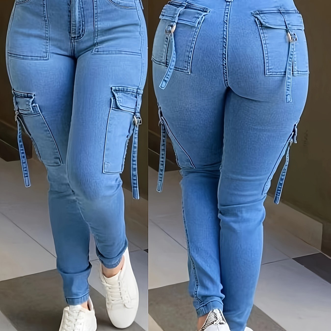 Image of 26aw Women's Elastic Vintage All-match Casual Fashion Elegant Mid-rise Multi-pocket Durable Multifunctional Tight Utility Denim Long Pants Street Trendy Style