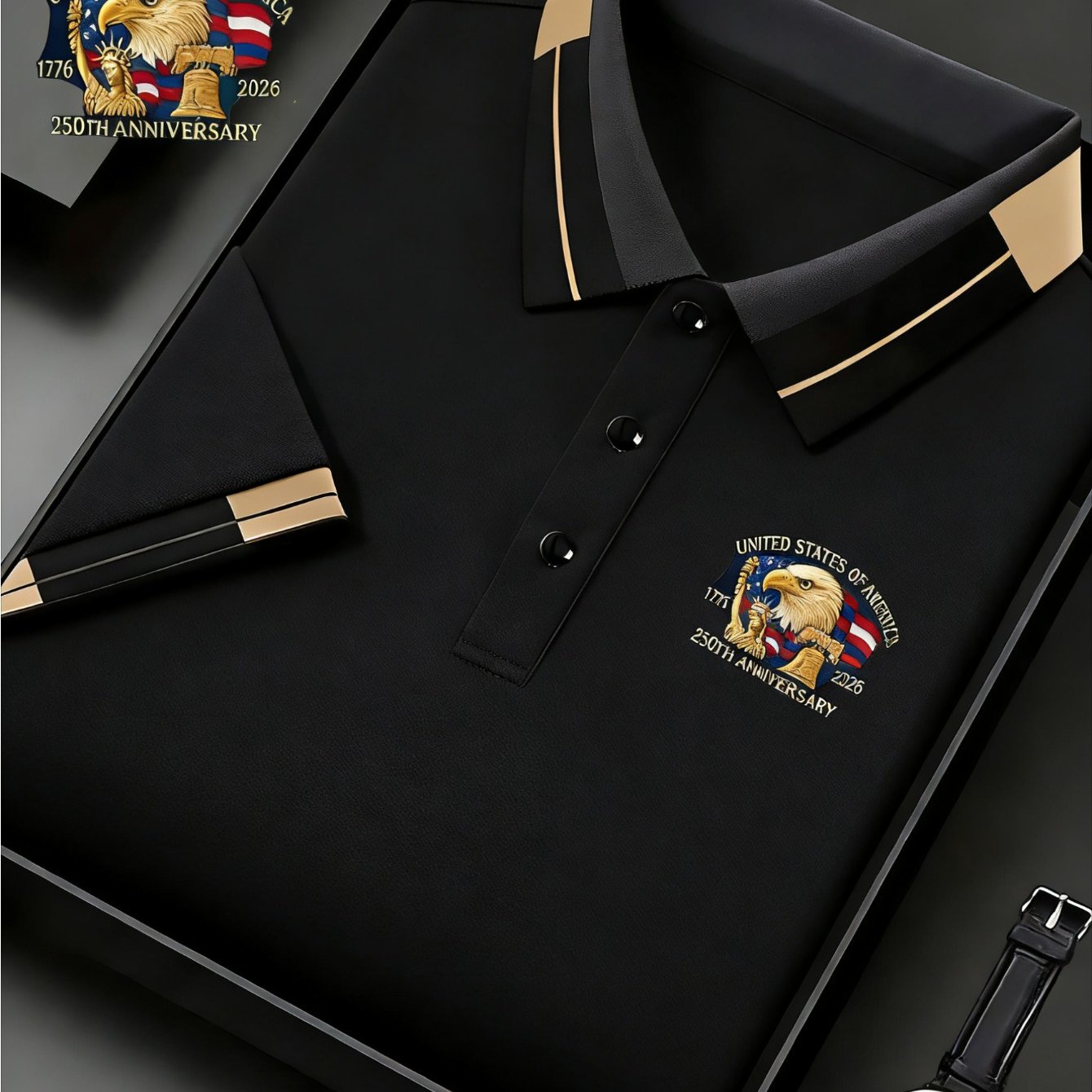 Image of Men's American 250th Anniversary Printed Contrast Collar Shirt, Breathable, Moisture-wicking, Patriotic Casual Top