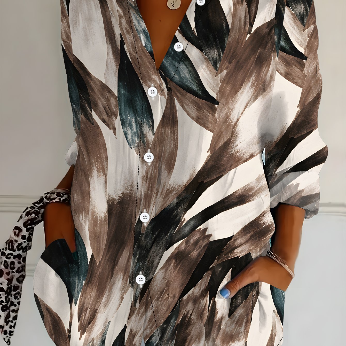 TEMU Plus Size Women's Long Sleeve Shirt, Leaf Print Style, Loose Printed Shirt, Ink Style Pattern, Mid-length Women's Long Sleeve Collared Shirt,