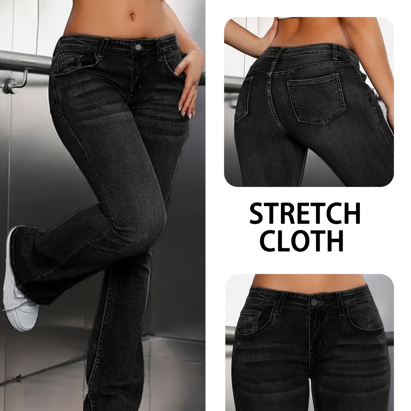 Image of Women's Stretch Denim Flare Pants - Low-rise Slim Fit Slant , High-elastic Rayon Fabric, Street Casual Wear, Fashionable Denim Apparel | Stretch Denim, Low-rise Style