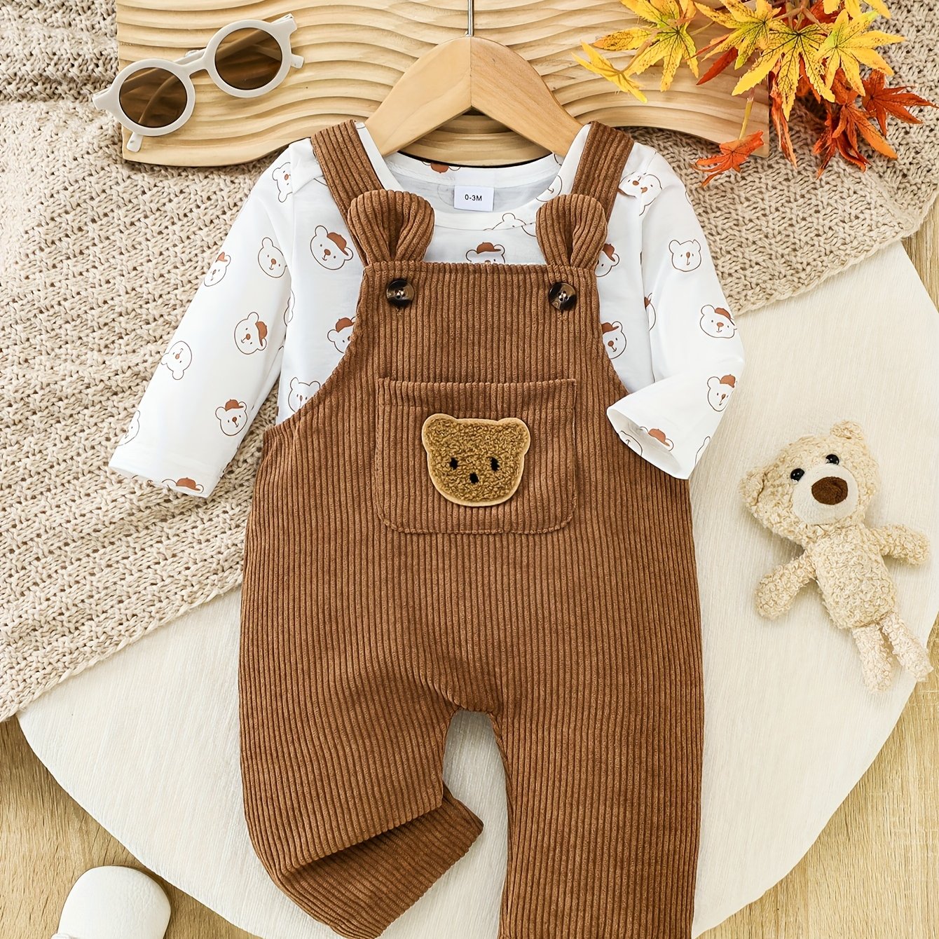 Image of Baby Clothes,stylish Boys' Bear Print Top + Suspender Pants Set With Two-piece Outfit, Perfect For Outdoor,newborn/toddler Necessities,christmas,halloween