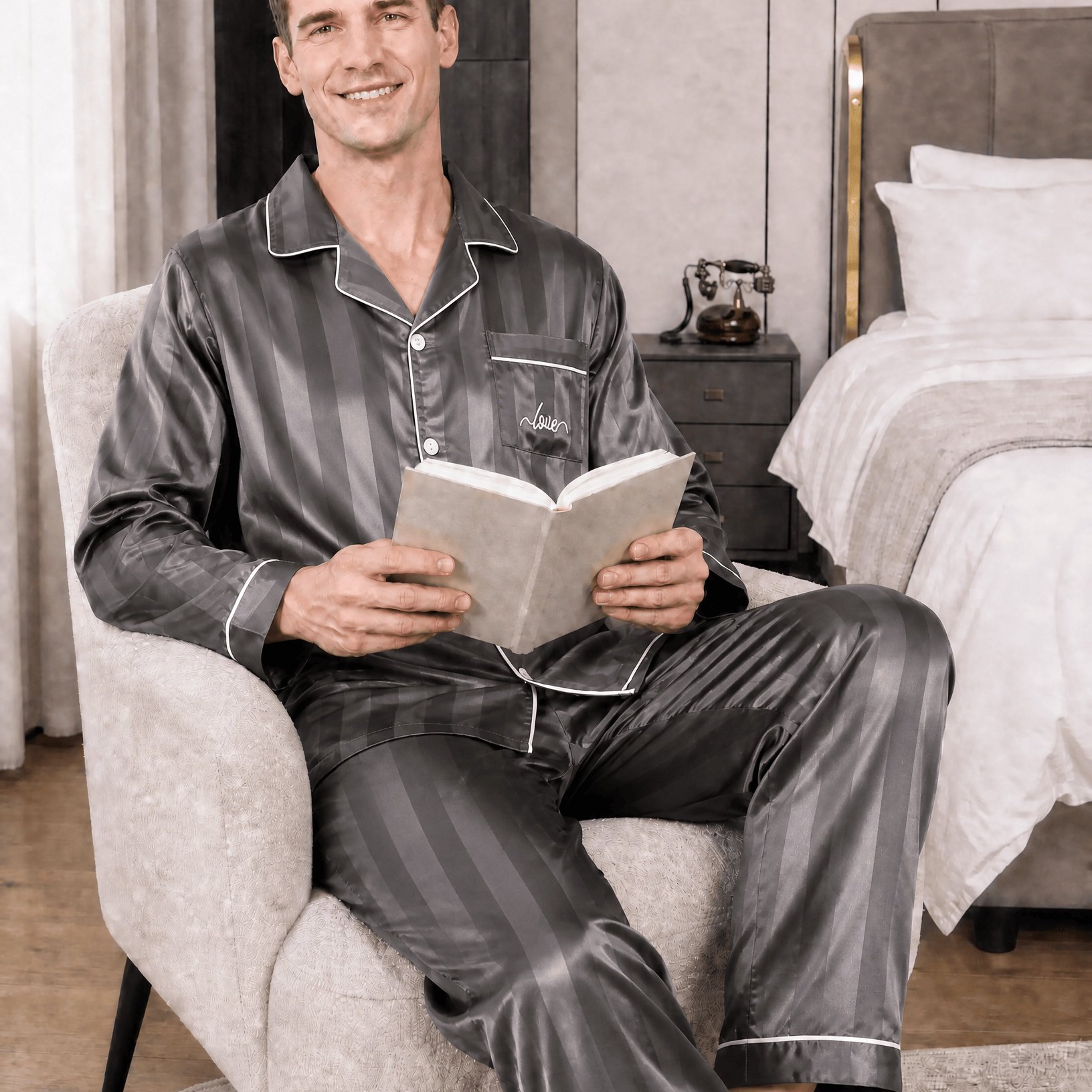 TEMU 2pcs Men's Pajamas, Men's Striped Pajamas, Men's Striped Embroidered Pajamas, Men's Striped Long-sleeve And Long Pants Loungewear, Striped