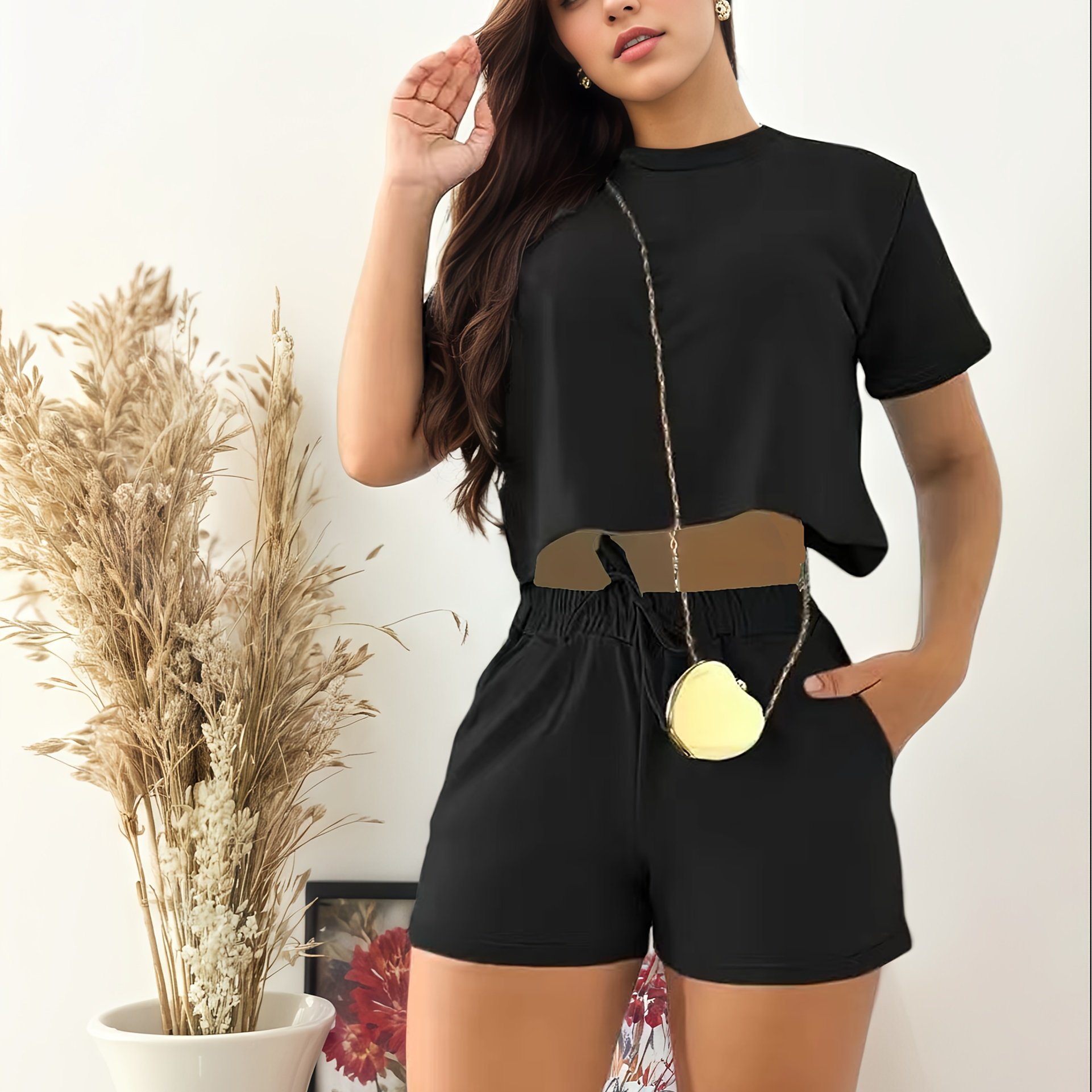 TEMU Top corto elegante monocolore casual con maniche corte, pantaloncini corti, abito da donna, con tasche, regalo di compleanno