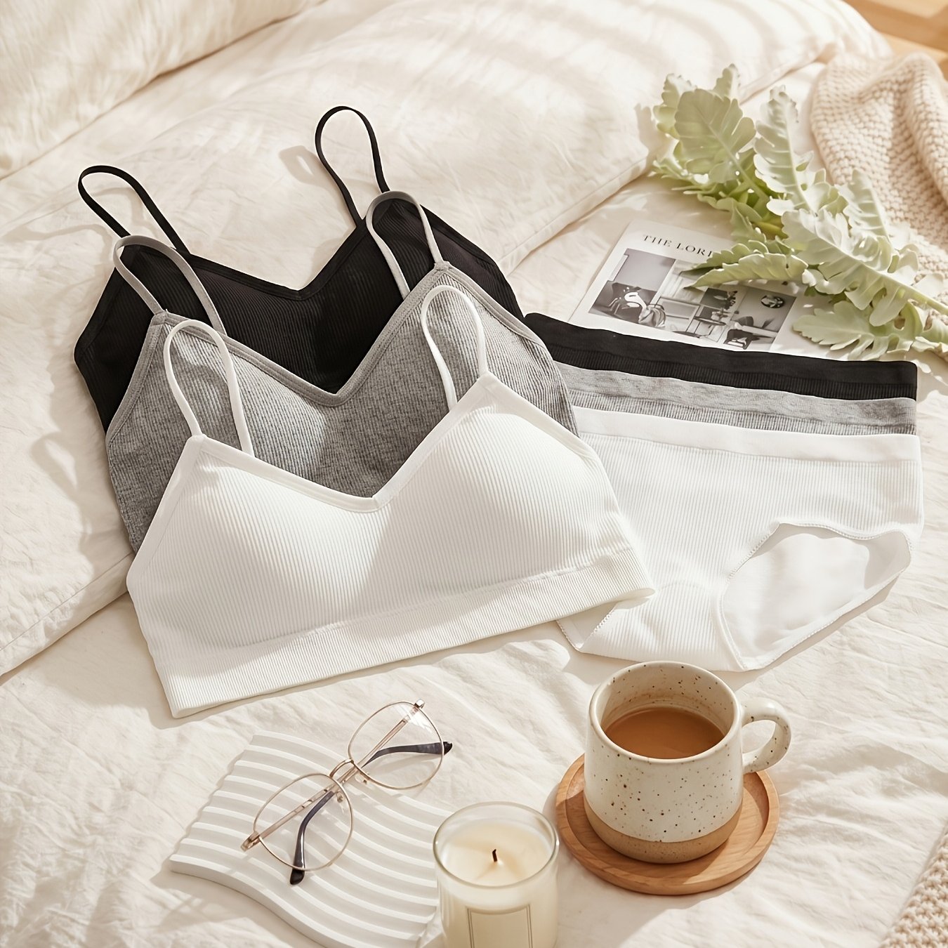 TEMU Ensemble 3 pièces soutien-gorge push-up et culotte côtelés de couleur unie, sous-vêtements extensibles B216-3