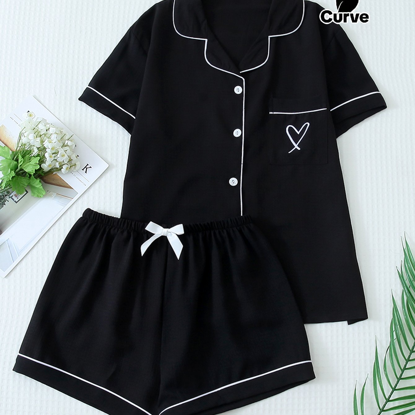 TEMU Women's Plus Size Pajama Set, Spring Summer Pocket Embroidered Heart Short Sleeve Lapel Top And Bow Shorts