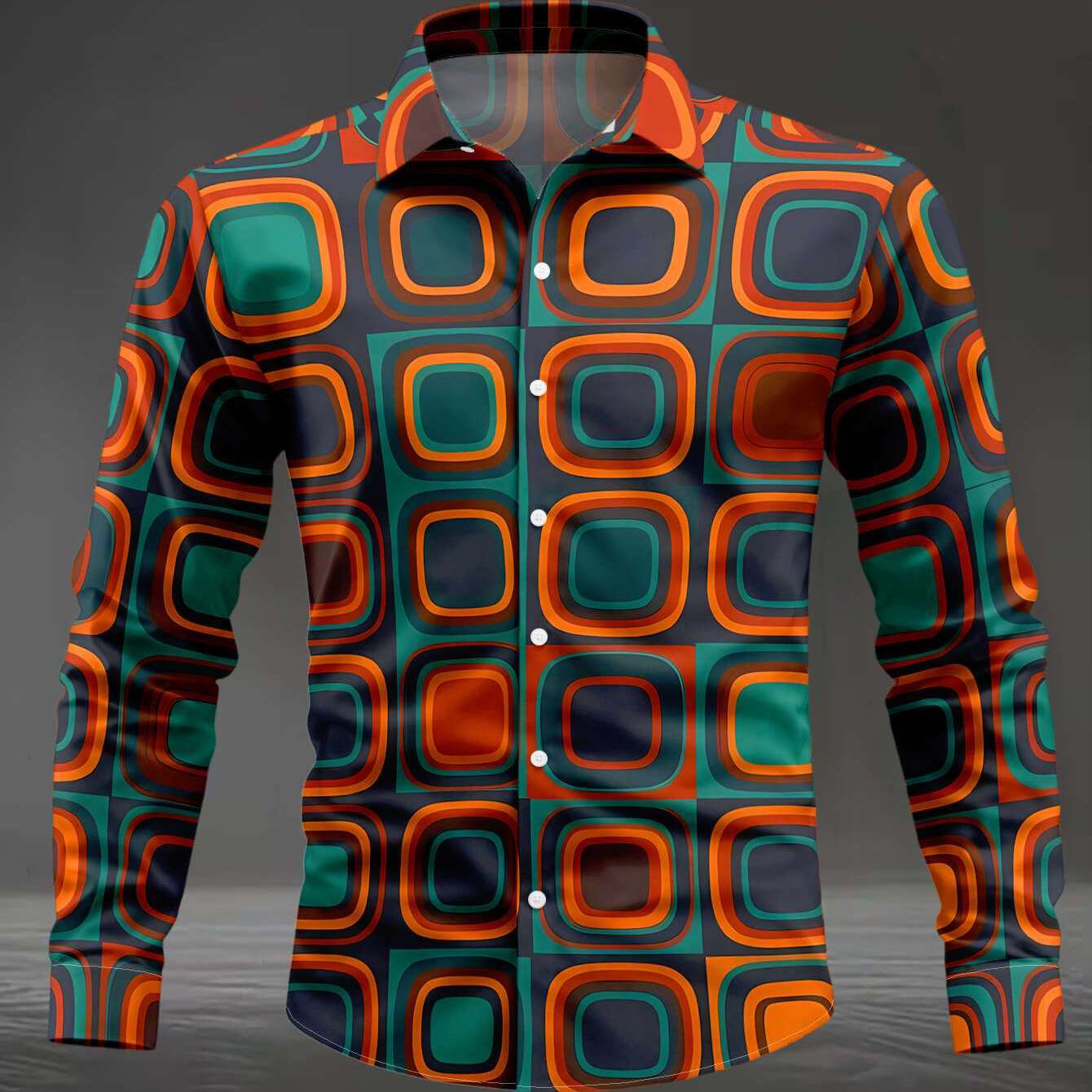 TEMU 's Long-sleeve Shirt With Orange, Blue, And Green Multi-layered Square Pattern In Repeating Arrangement, Versatile Casual Top For Commuting,