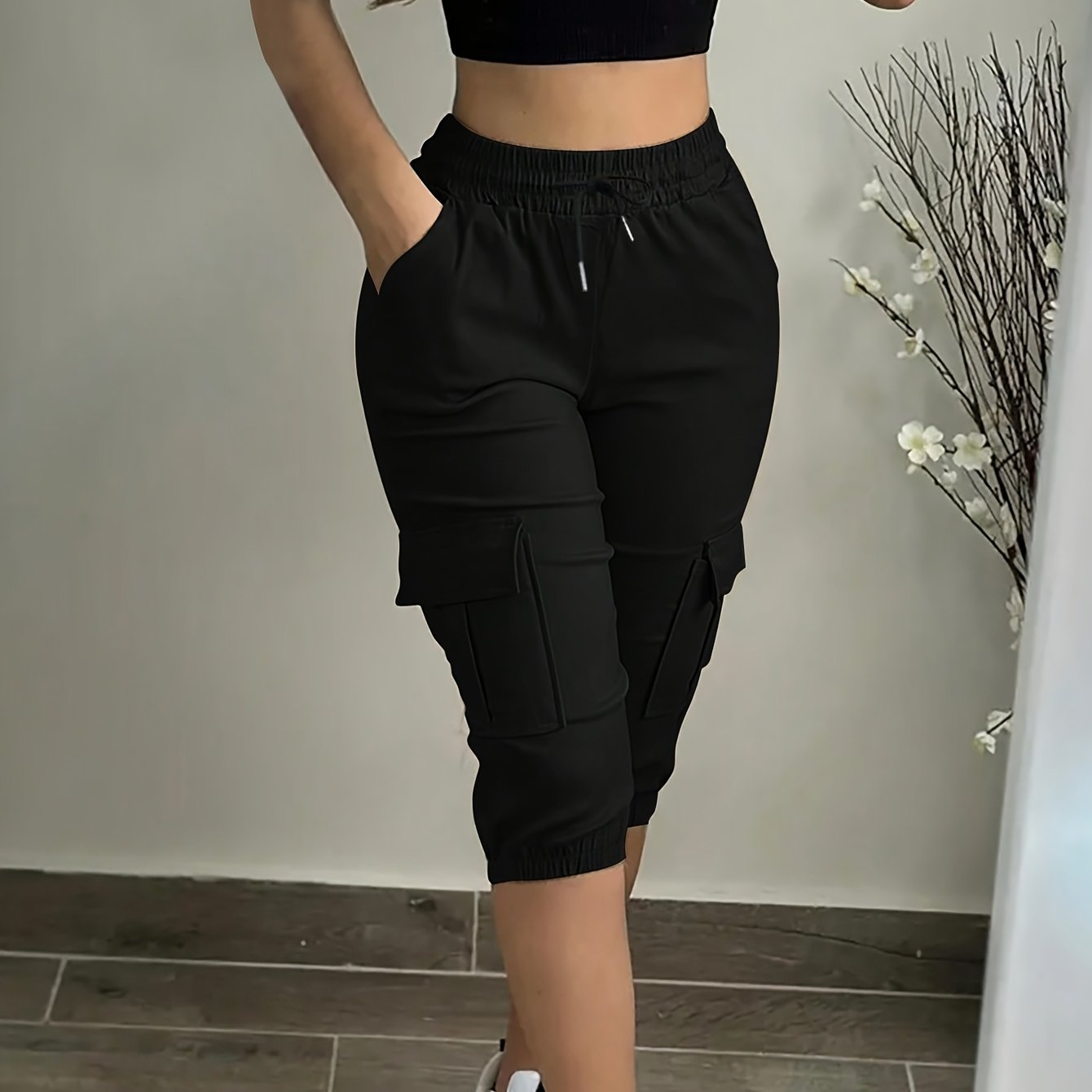 E-shop 1 Paar Damen Cargo Capri-Hosen, Uni-Farbige Viskose mit vier , Mitteldehnbar Atmungsaktiv Schnelltrocknend Bequeme Passform für Outdoor-Sport